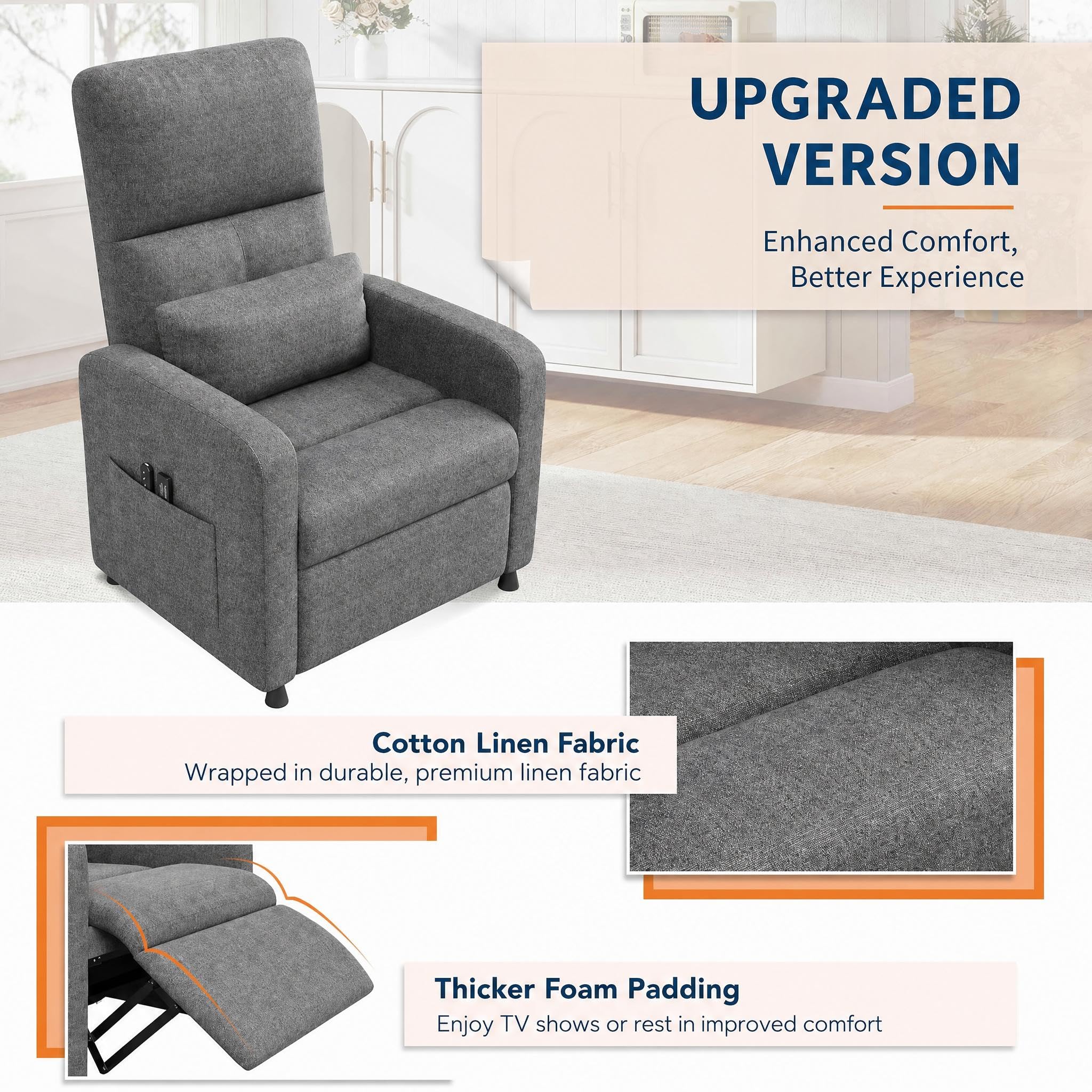 Sillón Reclinable Eléctrico, Sillón Relax con Masaje y Calor, Sillón Masajeador Ergonómico con USB y Bolsillos, Butaca Ideal para Salón, Cine en Casa, Dormitorio, Leer o Ver TV