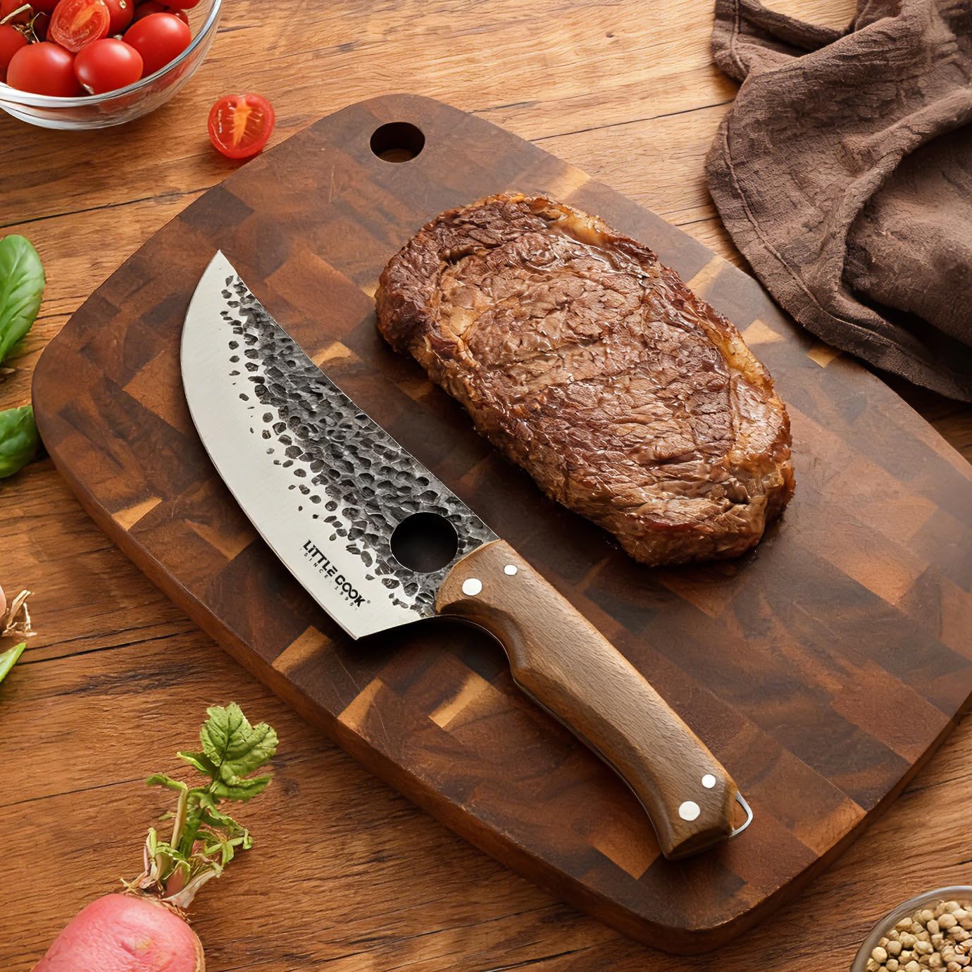 9PCS Butcher Knife Set, 7" butcher meat cleaver, a 7" Serbian chef knife, a 6.5" Viking knife, 3 Knife Sheath, Poultry Shears, Honing steel and Knife Roll Bag (Unique Bull Pattern)