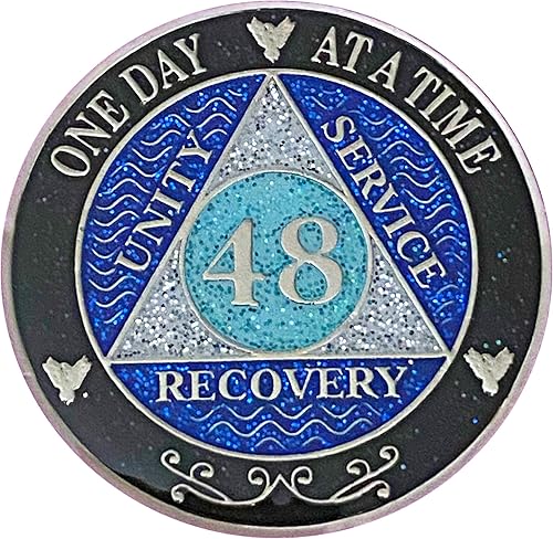 Miniatura 10 de (años 1-50) Medallón de purpurina plateado de recuperación AA de 47 años, arcoíris negro, azul, moneda de purpurina plateada, cubierta de epoxi (AA