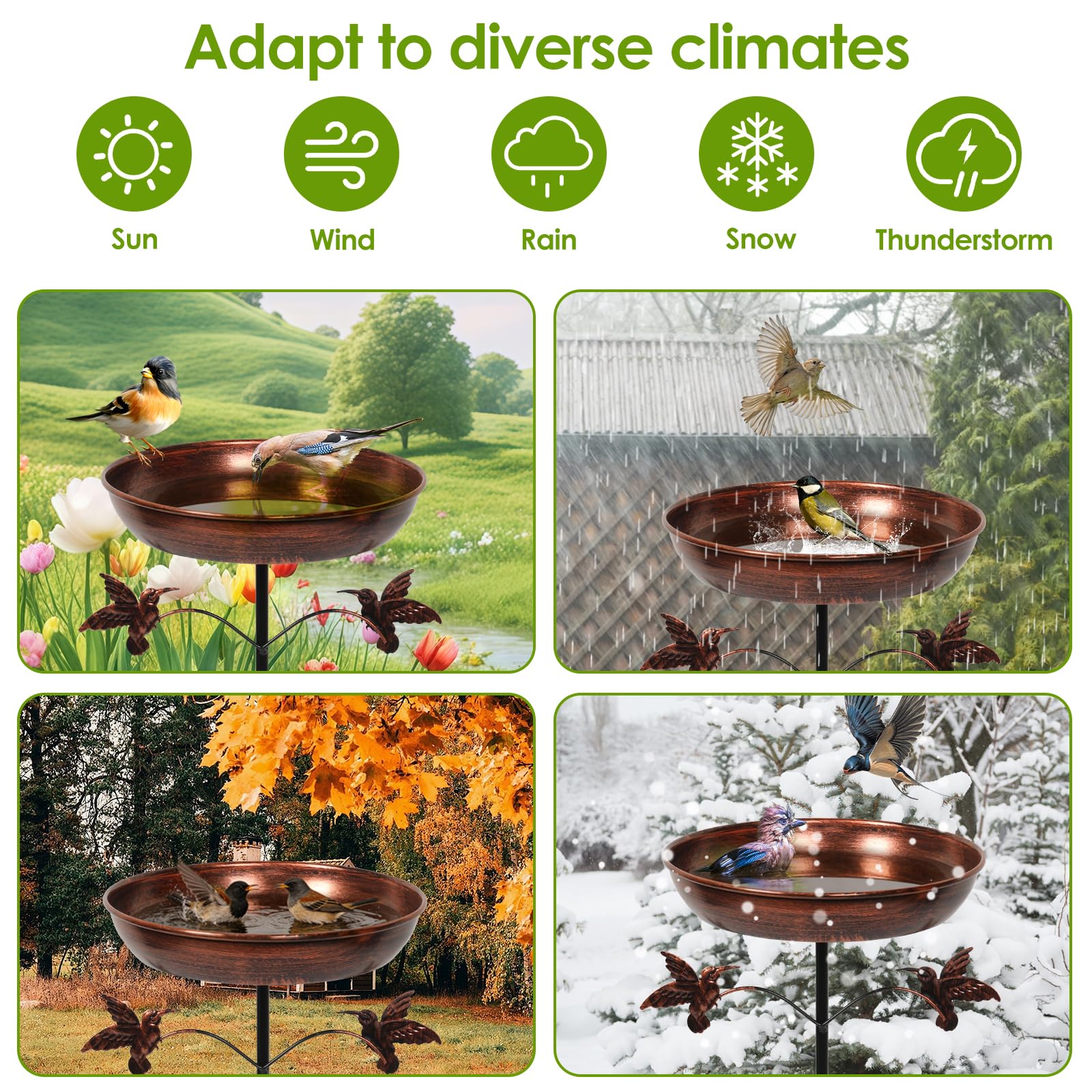 Bebedero de metal para pájaros de pie, para exterior, jardín, vintage, con base estable de 5 puntas, bebedero de agua para pájaros, aves silvestres, bebedero antiguo para jardín, patio trasero