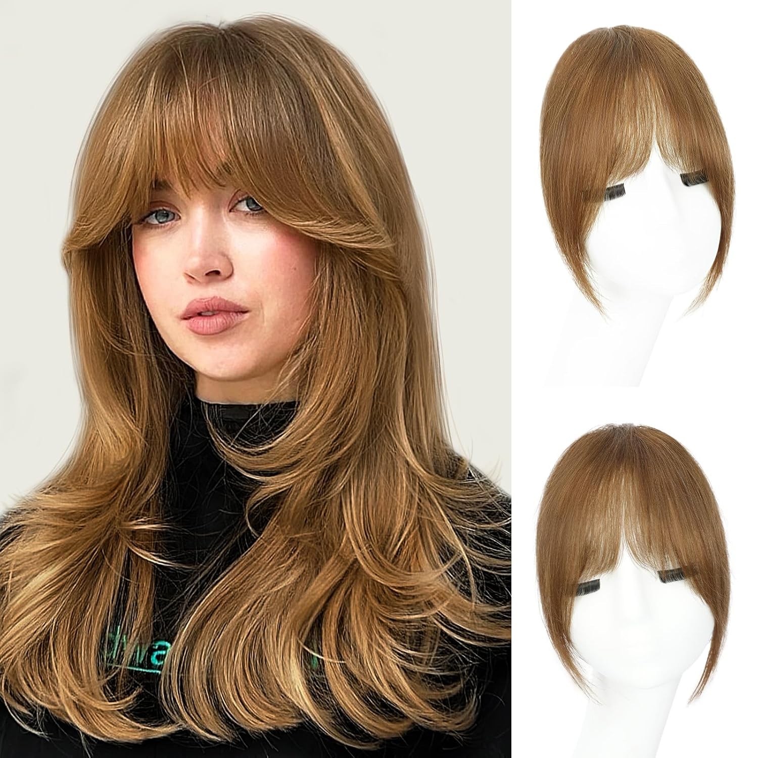 Clip in Bangs, 100% Real Human Hair Fake Clip on Bangs Hairpieces for Women French Bangs Light Brown Fringe with Temples Curved Curtain Bangs for Daily Wear Light Brown French Bangs