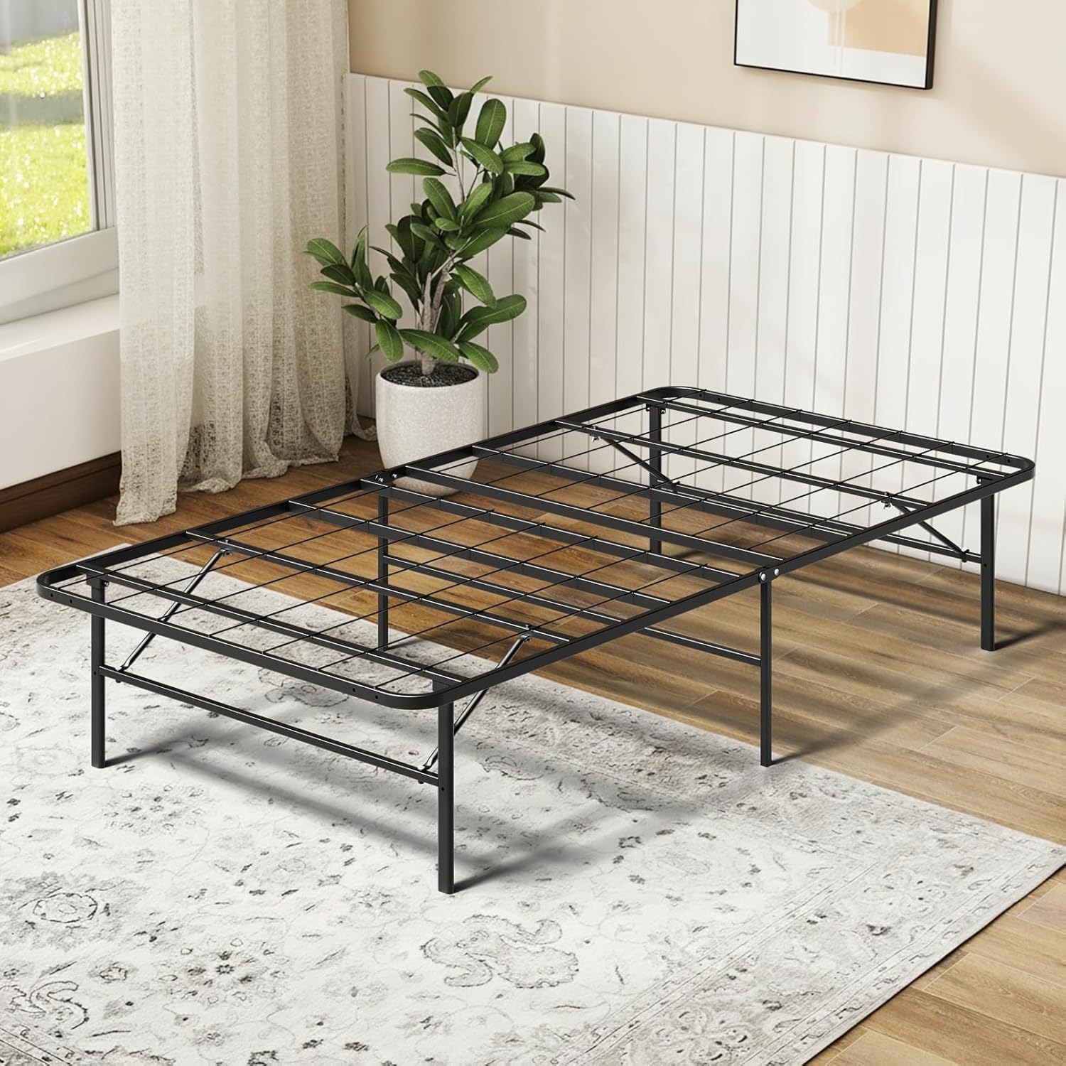 Twin Foldable Bed Frame, 14 Inch Metal Platform, No Box Spring Needed, Tool-Free Assembly, Portable Folding Twin Bed Frames for Apartment, Guest Room, or Dorms