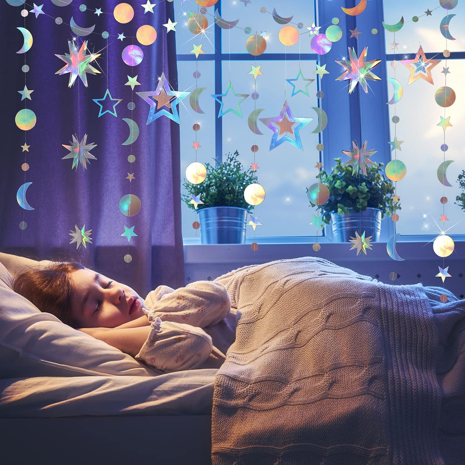 7 Pcs Iridescent Star Moon Garland Party Decorations Kit Hanging 3D Twinkle Little Star Streamer Bunting Banner Backdrop for Holiday Baby Shower Birthday Supplies