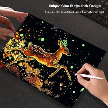 Scratchboard Art for Adult Luminous Scratch Painting Kits, A5 Scratch Art Rainbow Painting Paper 8 Sheet with 4 Tools, Scratchboard for Teens & Adults, Fun Creative Craft Toy/Gifts/Decor, Animals