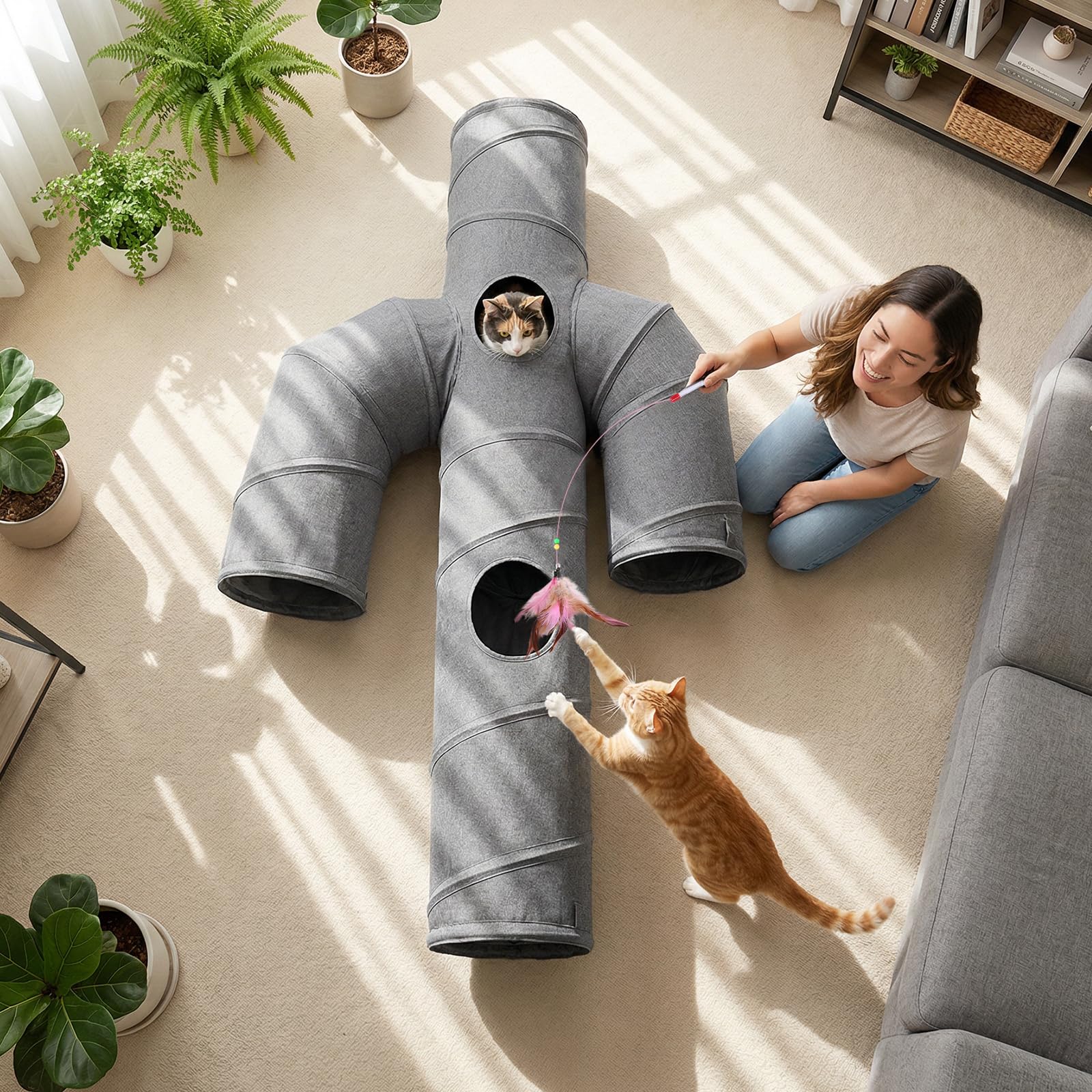 Ownpets Katzentunnel - Robuster Katzentunnel aus Oxford-Gewebe, Kaktusform, zusammenklappbar, Katzen Tunnel für drinnen, Interaktiver Spionage-Loch Katzen Tunnel mit Katzenangel-Spielzeug