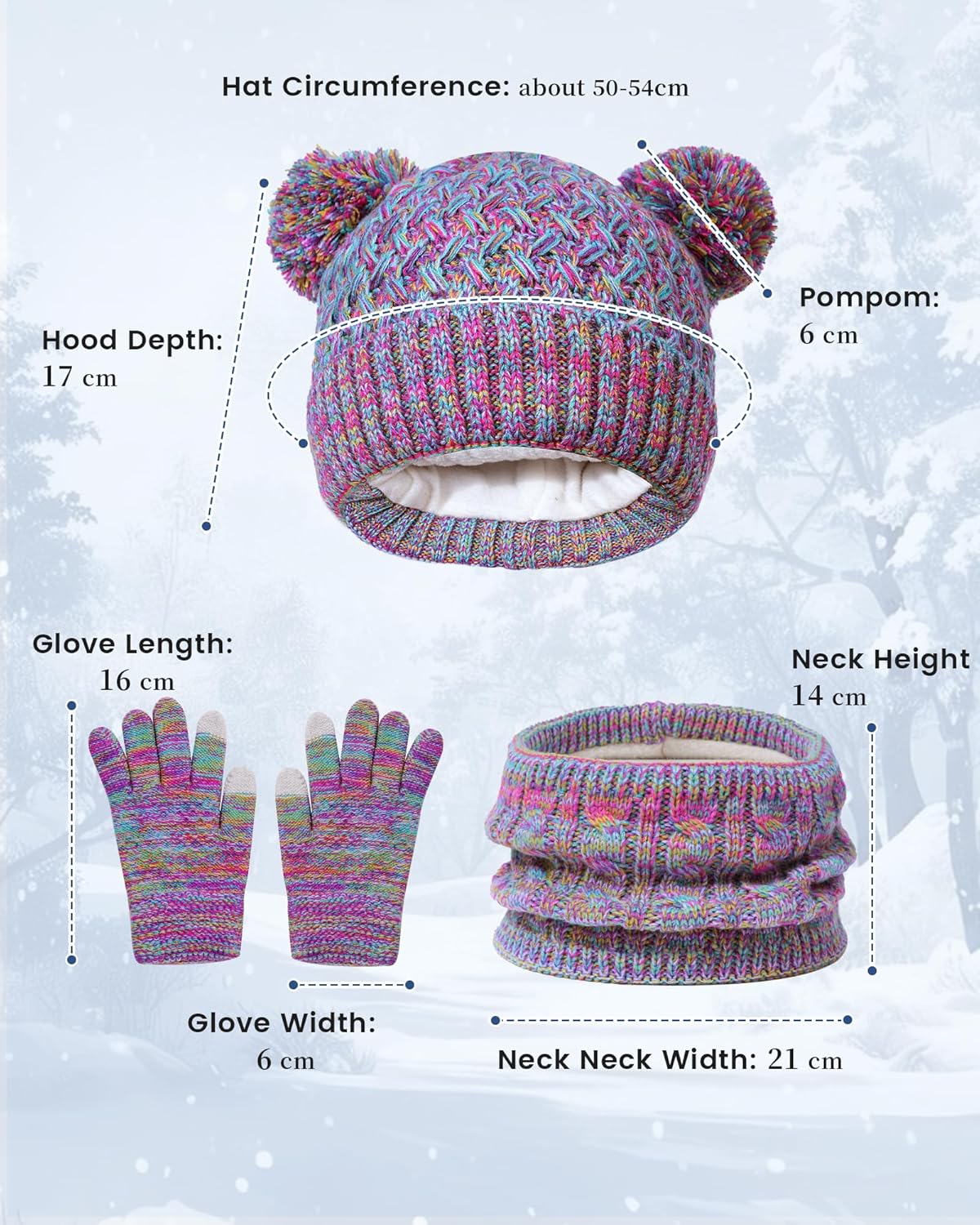 Girls Winter Hat Gloves Scarf Set, Kids 2-14 Beanie Cap Pom Pom Neck Warmer Neck Gaiter Fleece Lined,Touch Screen Gloves - Image 5