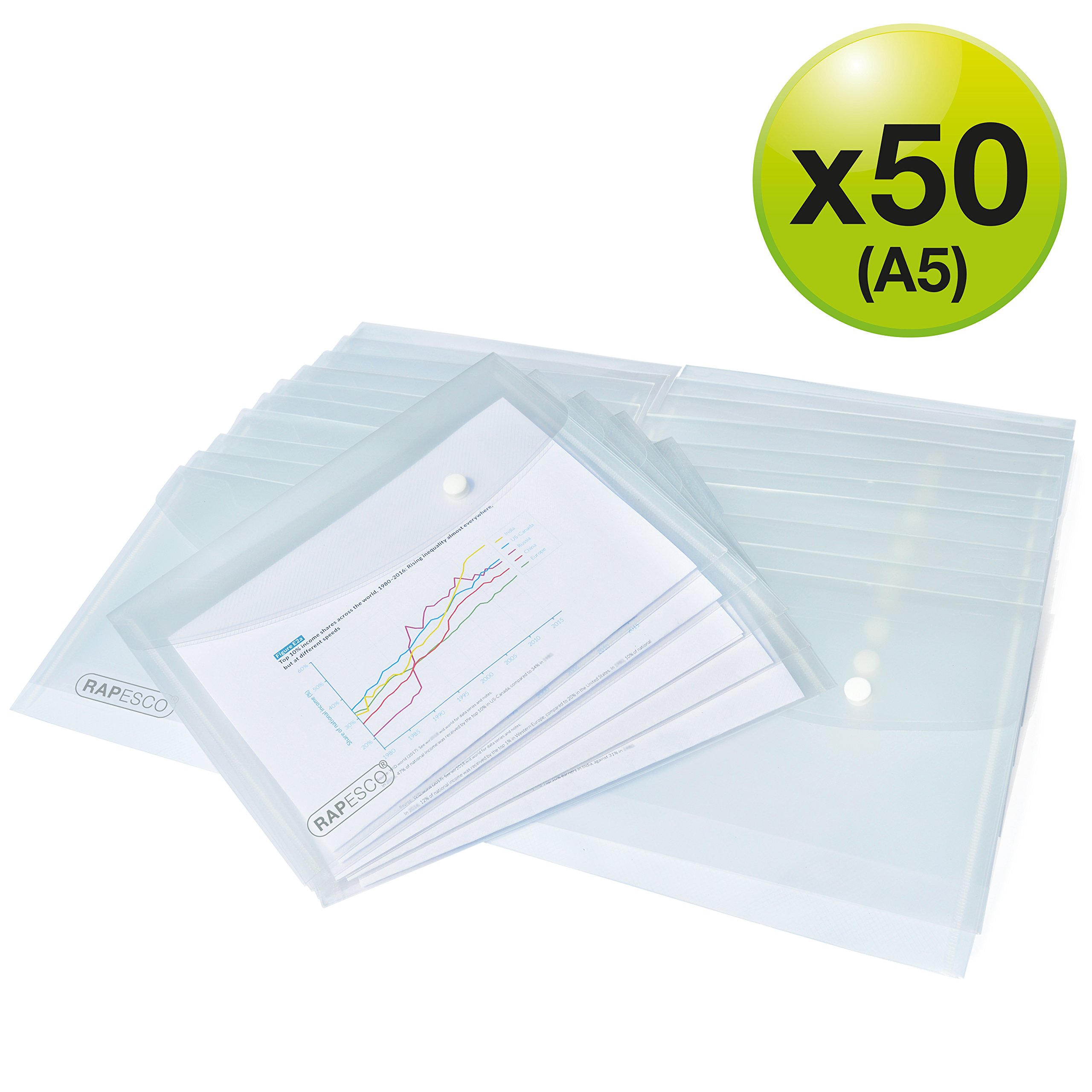 Rapesco 1501 ECO Pochette à Bouton Pression Recyclée, A5, Transparent, Lot de 50