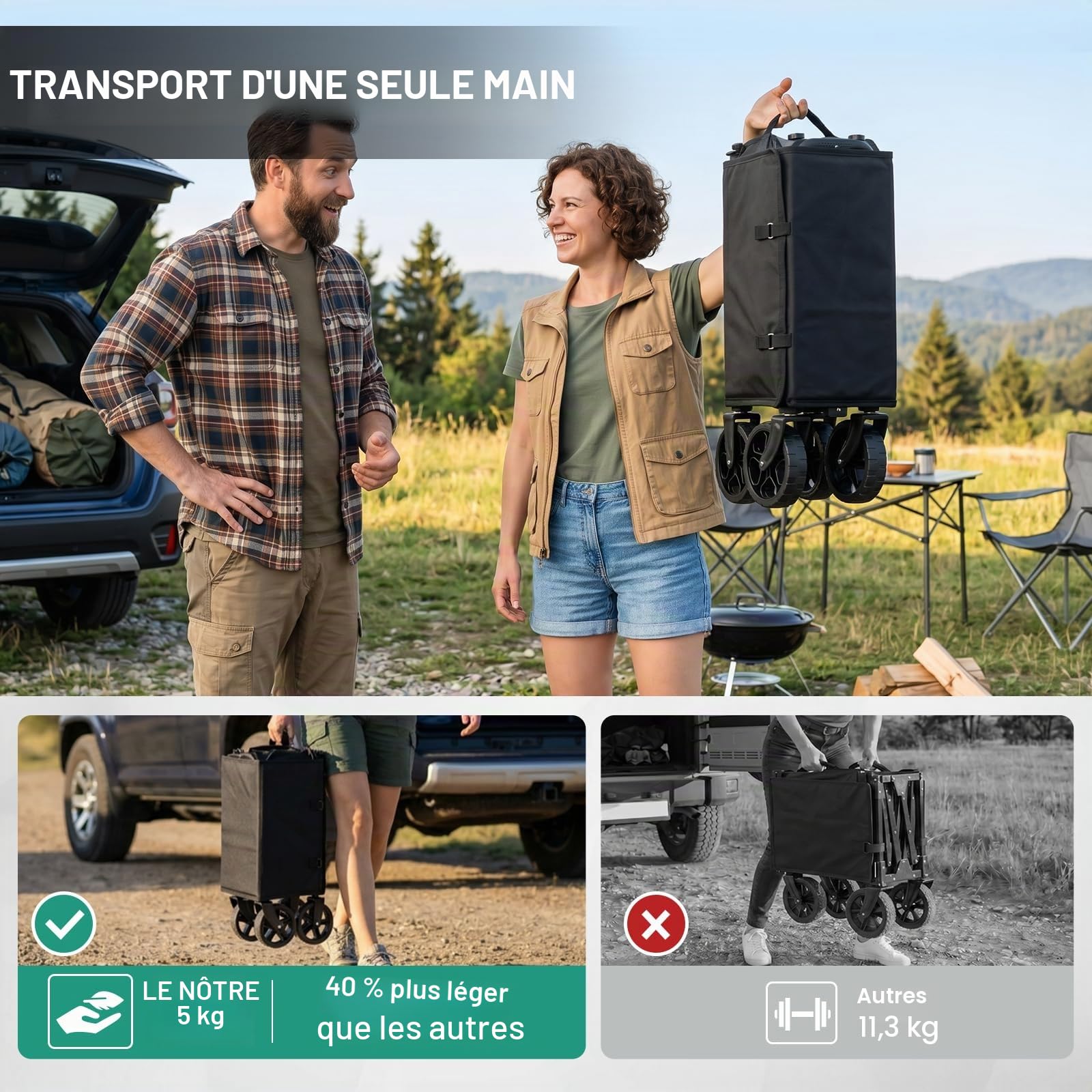 Overmont Chariot Pliable 3 en 1, 120 L Grande Capacité, Charge 100 kg, Chariot à Main avec Roues Tout-Terrain, Chariot de Transport Léger et Compact, pour Camping, Plage, Jardin, Courses et Sport