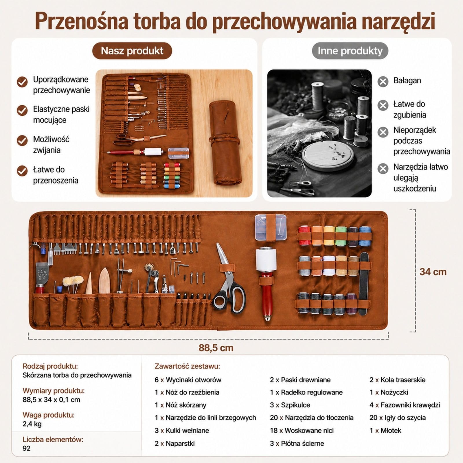 Zestaw narzędzi do obróbki skóry 92 szt, tłoczenie, dziurkowanie, prace krawieckie