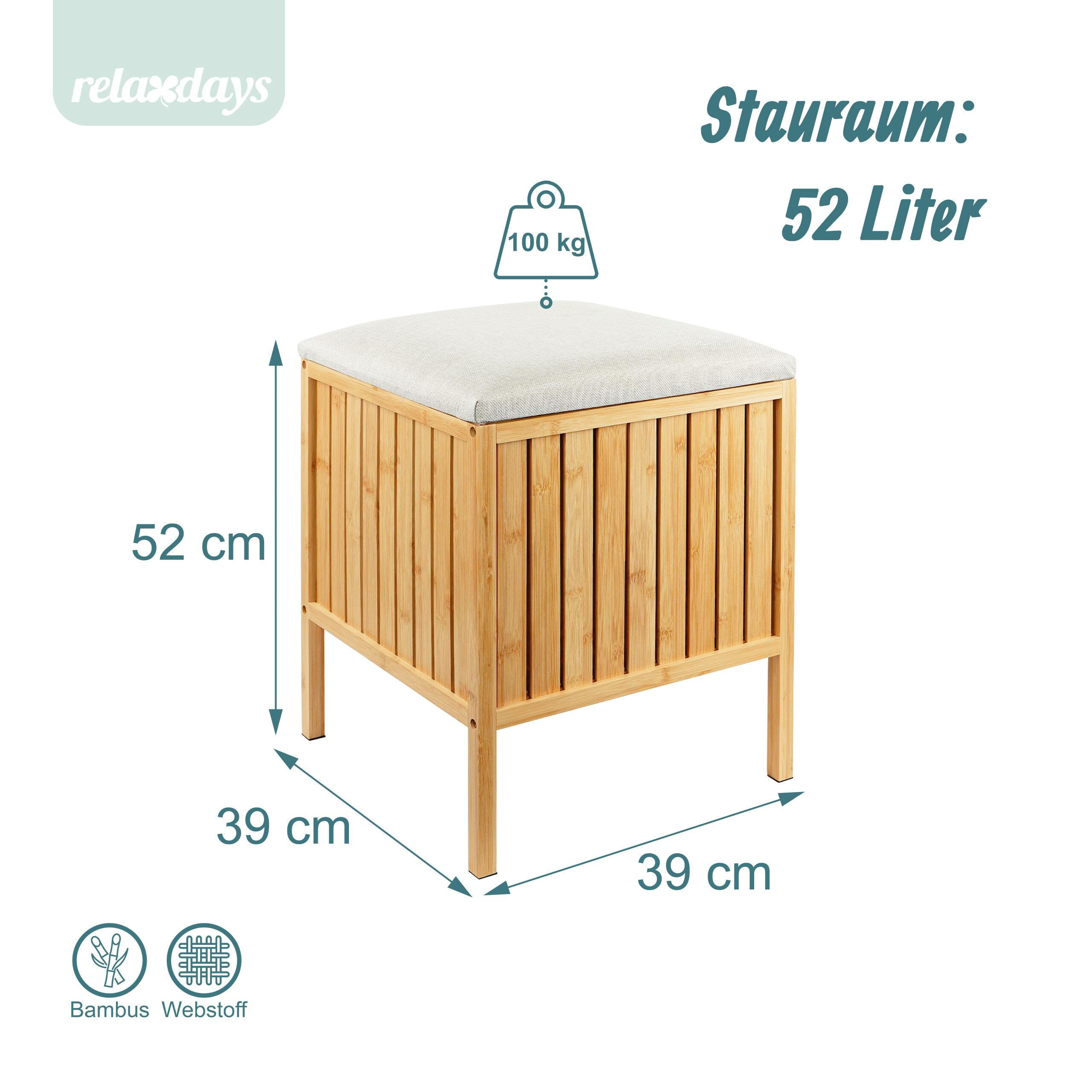 Relaxdays Wäschekorb zum Sitzen, Bambus, gepolsterter Deckel, HBT: 52 x 39 x 39 cm, Badhocker mit Stauraum, Natur/Creme