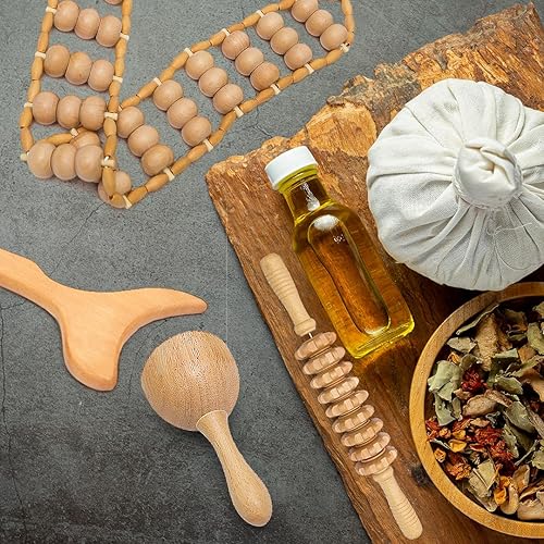 Miniatura 7 de Paquete de 4 herramientas de masaje de terapia de madera para drenaje linfático, juego de maderoterapia profesional para aliviar el dolor muscular,