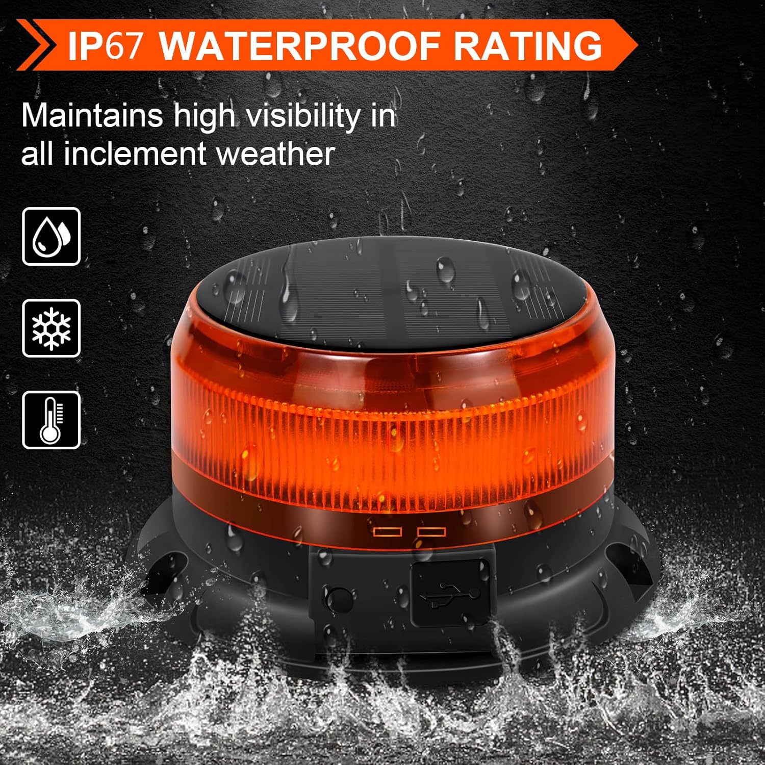 AnTom Solar LED Amber Strobe Light, Rechargeable 360° Flashing Warning Beacon Light with 9 Modes, Magnetic Base Waterproof for Vehicles, Trucks, and Outdoor Emergencies