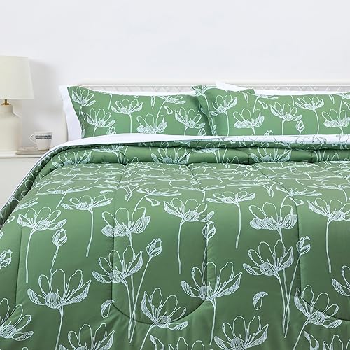 Tienda Basics Lightweight Microfiber Comforter Sets, 7 Pieces, Green, Floral, King