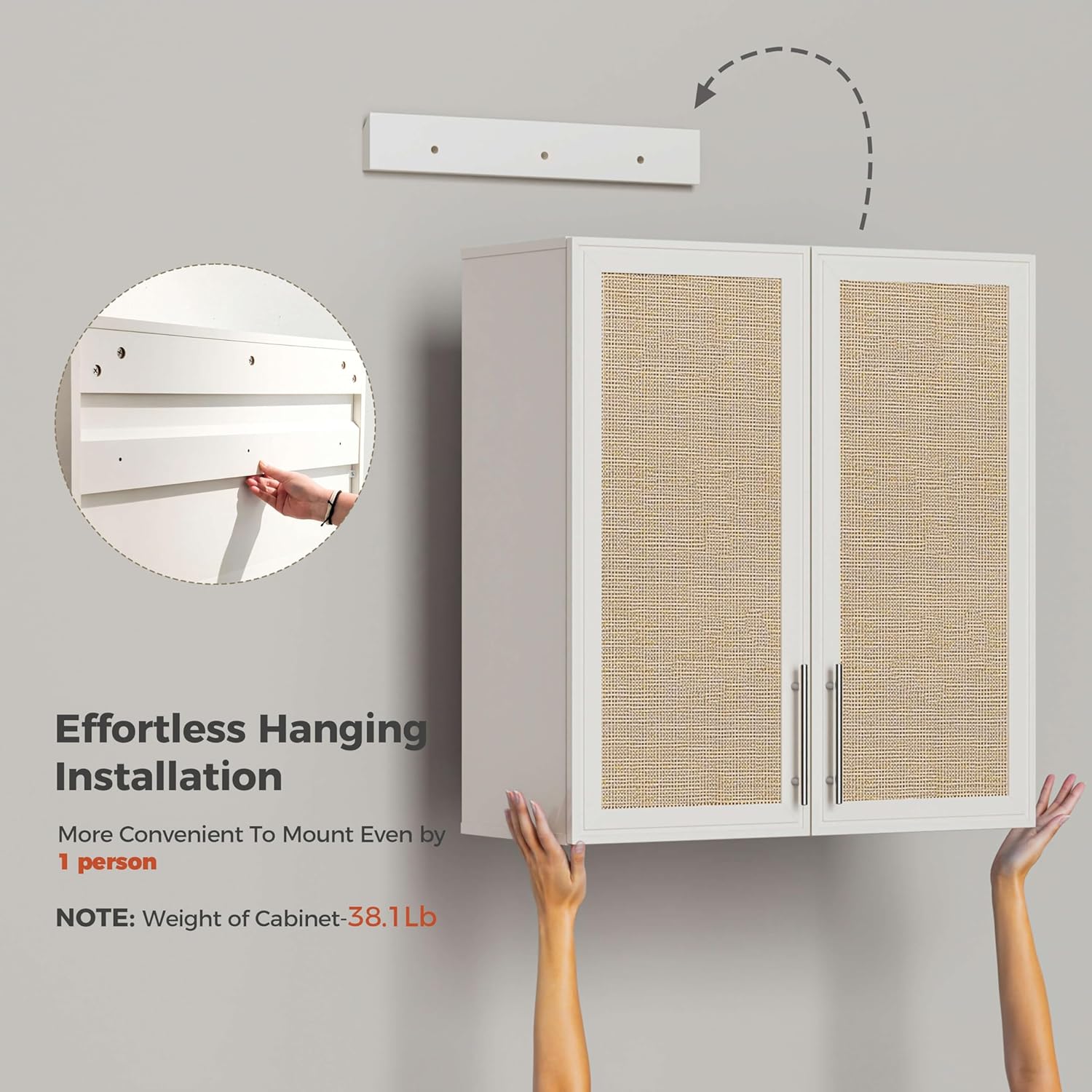 FIMELLO 59" Laundry Room Cabinets Wall Mounted, Bathroom Wall Cabinet with Rattan Doors, Wall Cabinet with Adjustable Shelf, Floating Cabinets for Laundry, Kitchen