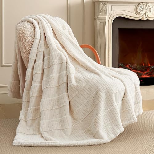 Amélie Home Luxury Striped Faux Fur Throw Blanket for Couch, Soft Cozy Fuzzy Flu