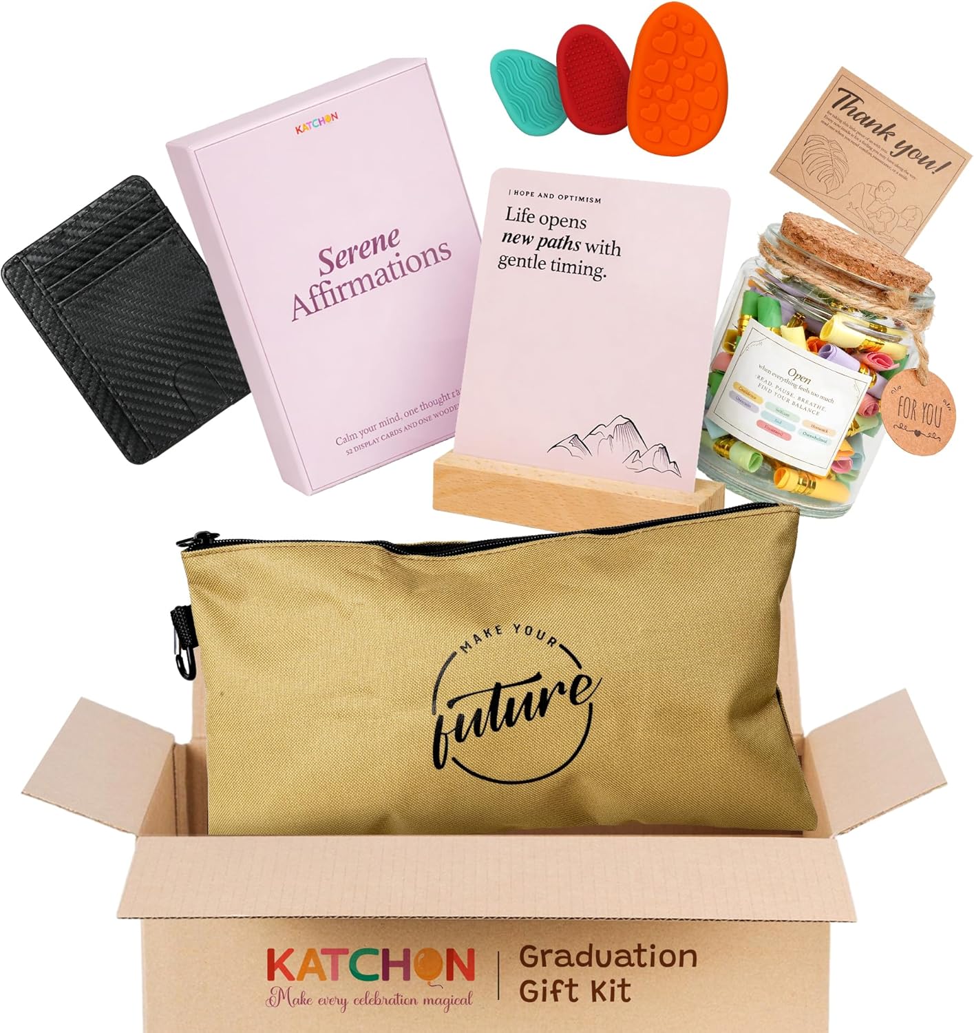 KatchOn, Positive Affirmation Cards Graduation Kit - Pack of 5 | Affirmations Jar, Affirmation Cards with Stand, Canvas Zip Pouch, Card Holder and calming fidget stones for Birthday, Graduation Gifts