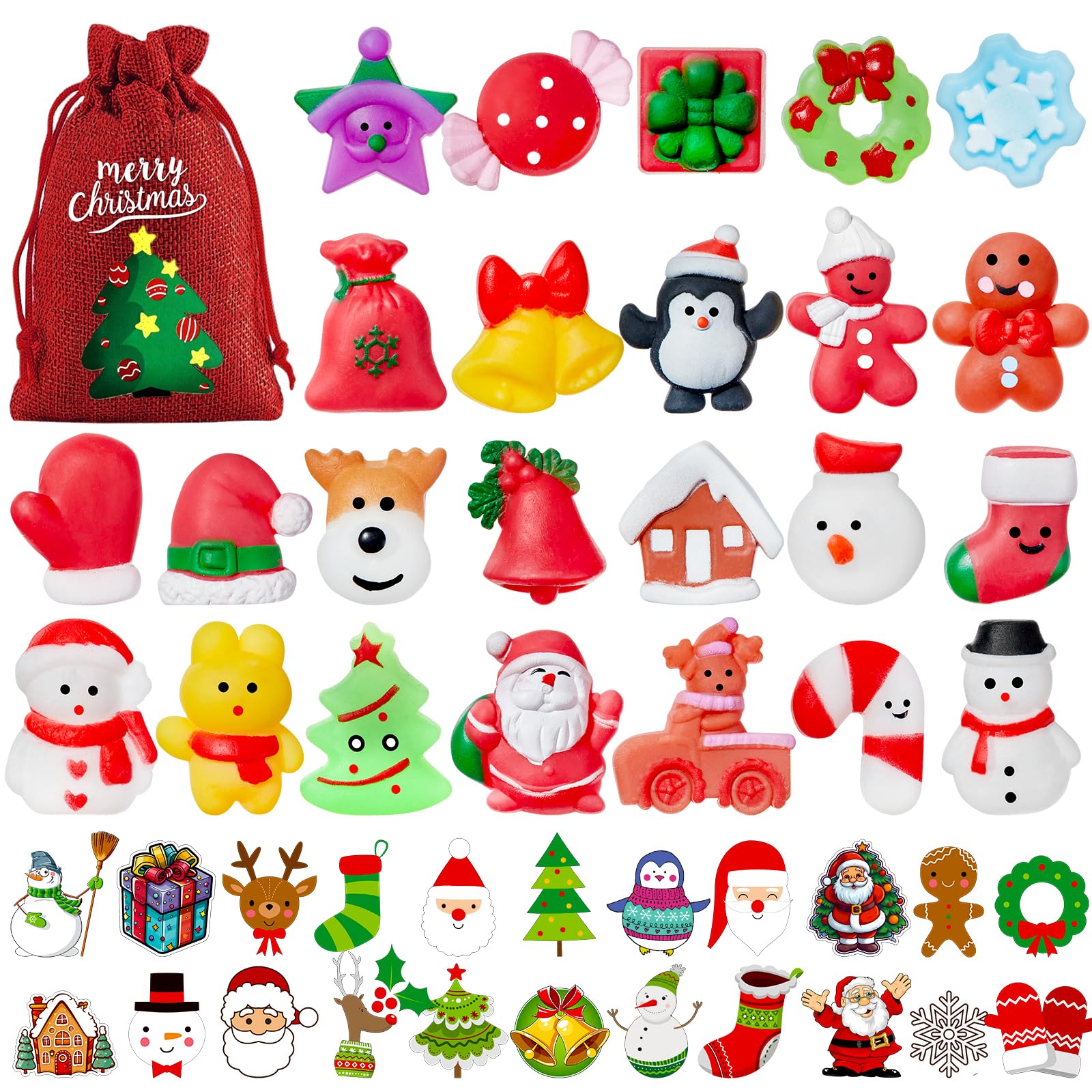 HOUT 24PCS Christmas Mochi Squishy Toys - Mini Stocking Stuffers Kawaii Fidget Party Toy Pack with 24 Stickers Drawstring Bags - Soft Squeezable Relieve Stress Party Bag Fillers for Girls Boys