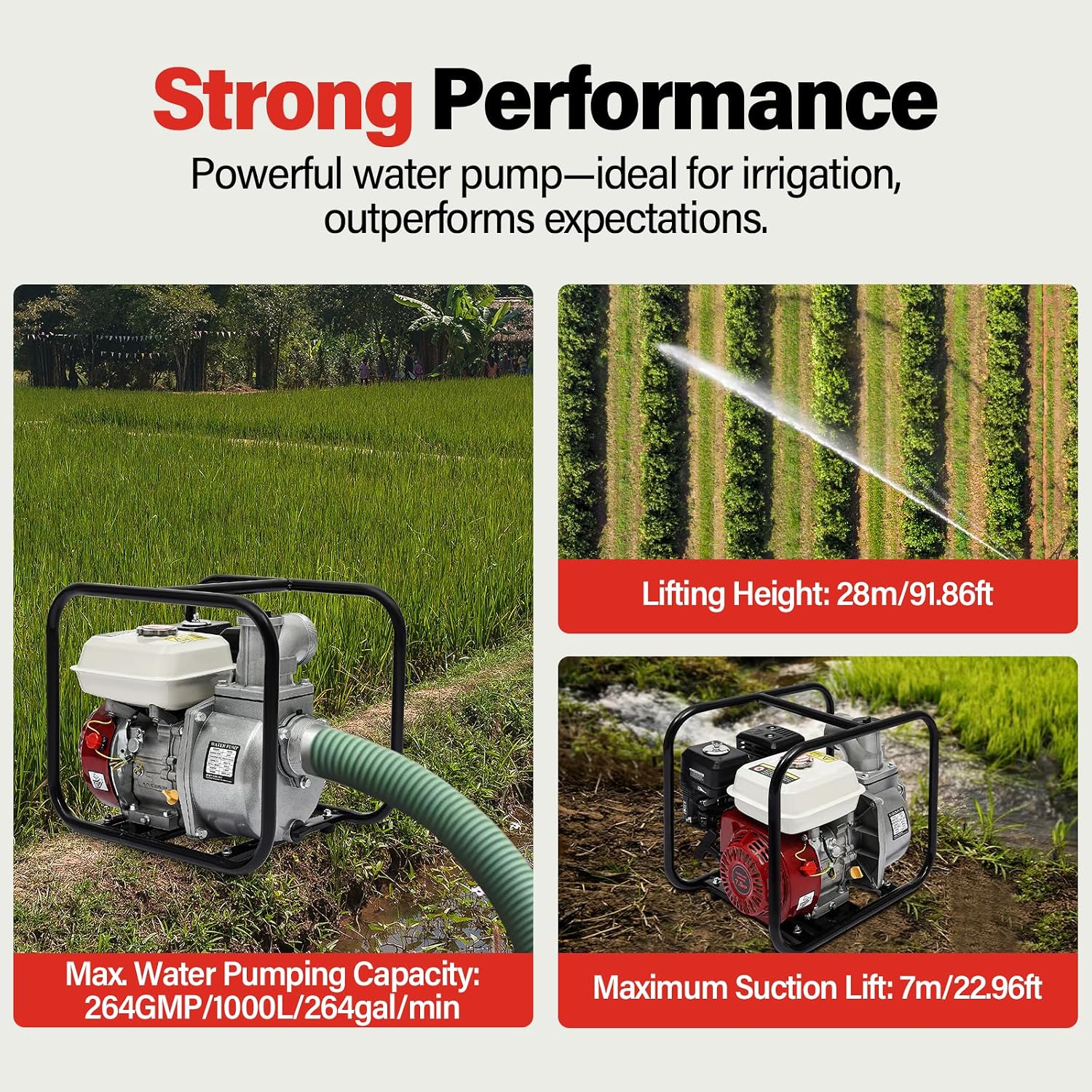 3" 7.5HP Gas Powered Water Pump, 264GPM 210cc 4-Cycle Portable Semi Trash Pump, Max 92 ft Lift, 23ft Suction, for Irrigation and Pool Water Changing