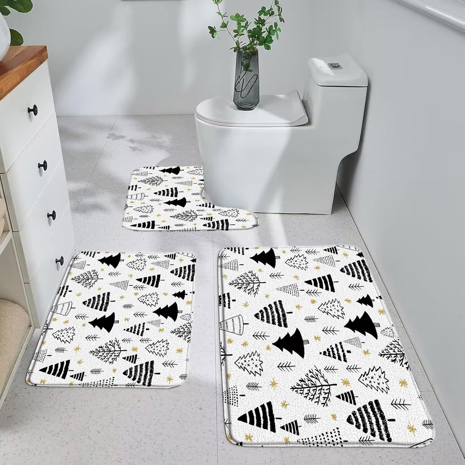GCTNBJL Christmas 3 Piece Bath Mat Sets,Black White Xmas Tree Golden Snowflake Winter Cute 24"x36" and 24"x48" Bathroom Memory Foam Rug,U-Shaped Toilet
