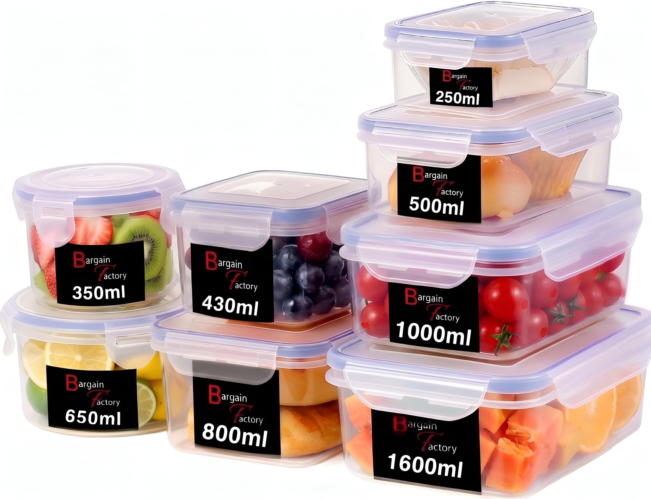 Bargain Factory Transparent 2 Food Storage Containers 16Pcs (8 Container + 8 Lids) Leak Proof Airtight Plastic Food Containers With Lids Pantry & Kitchen Containers, Bpa Free Microwave & Freezer Safe, 250Ml-1.6L