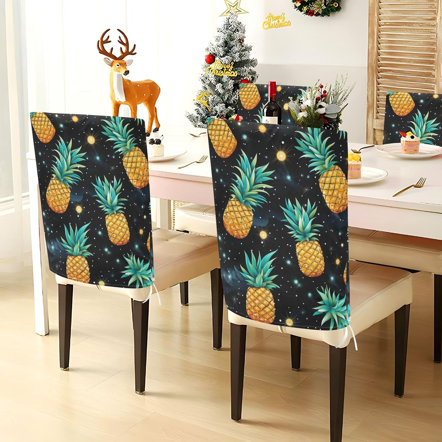 ALAZA Pineapples Stars Chair Back Cover Set of 6, Washable Reusable Removable Chair Slipcovers Decorative Chair Cover for Home Kitchen Wedding Party