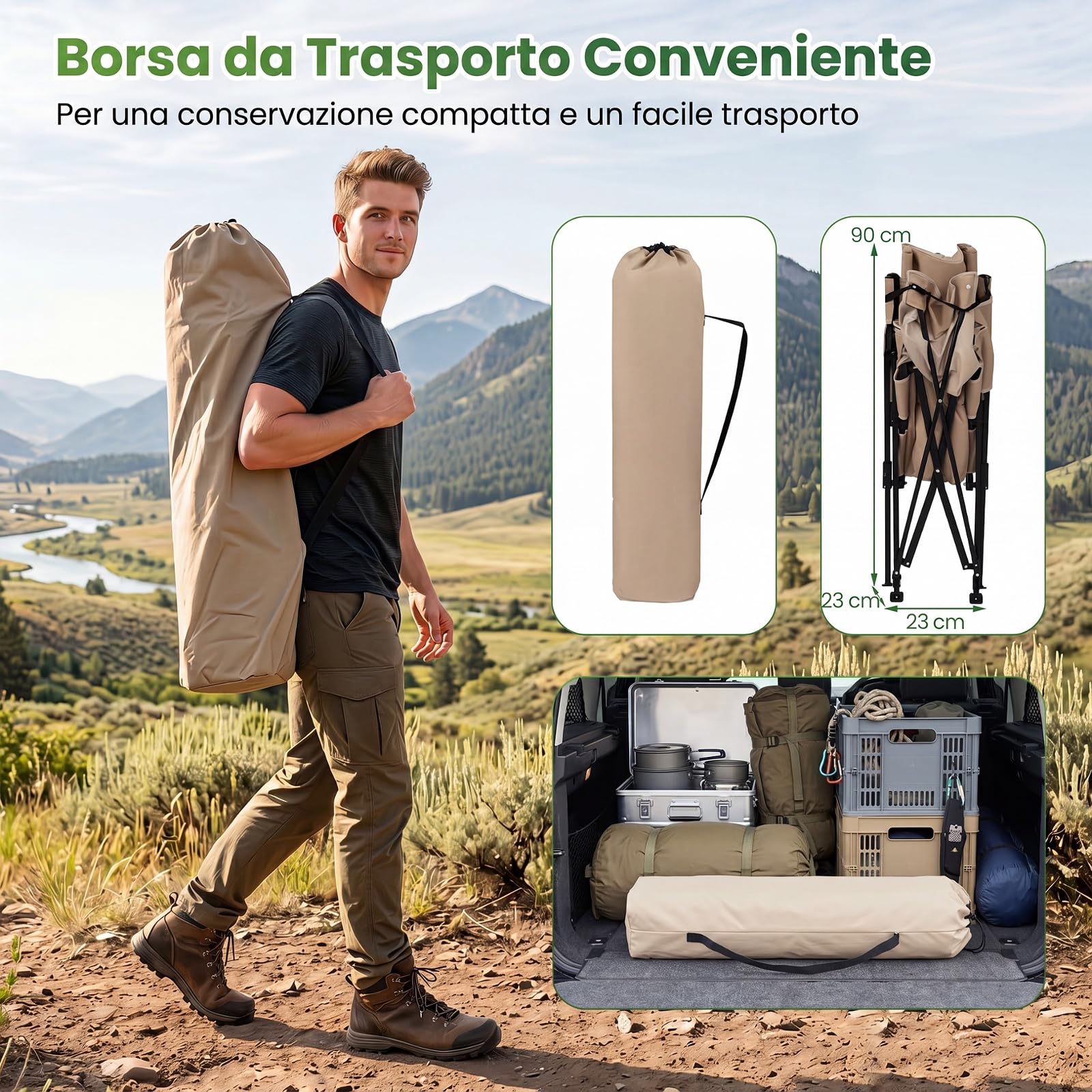 COSTWAY Sedia da Campeggio Pieghevole, Sedia a Sdraio con Poggiapiedi, Schienale Regolabile, Poggiatesta e Tasca Laterale, Portata 150 kg, Sdraio da Esrerno per Giardino e Spiaggia (Kaki)