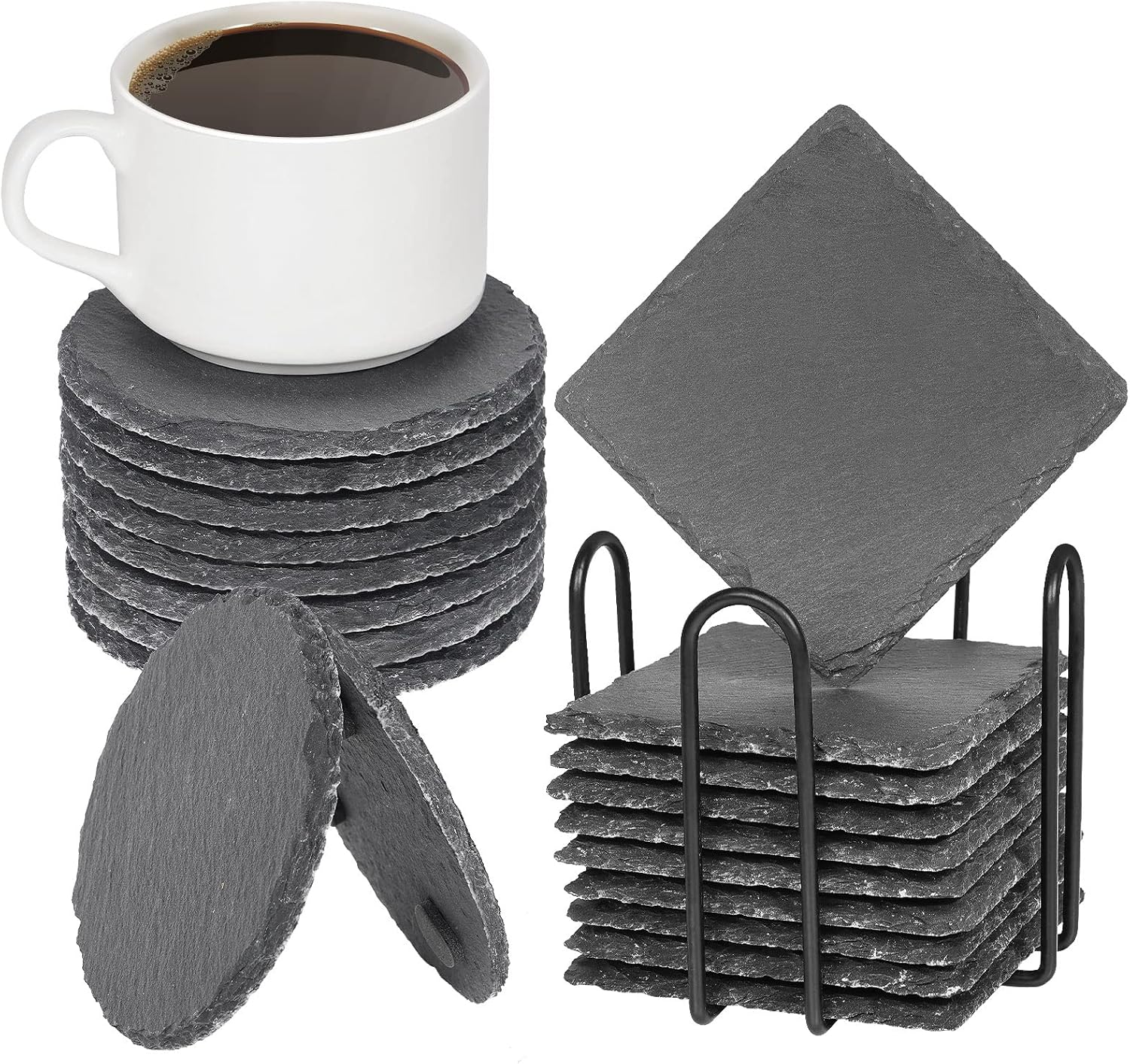 Slate Coasters for Drinks with Holder- Set of 20- Durable & Natural Stone Tiles for Drinks, Perfect for Crafts, Laser Engraving, Non-Slip Surface (20)