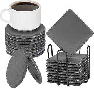 Slate Coasters for Drinks with Holder- Set of 20- Durable & Natural Stone Tiles for Drinks, Perfect for Crafts, Laser Engraving, Non-Slip Surface (20)