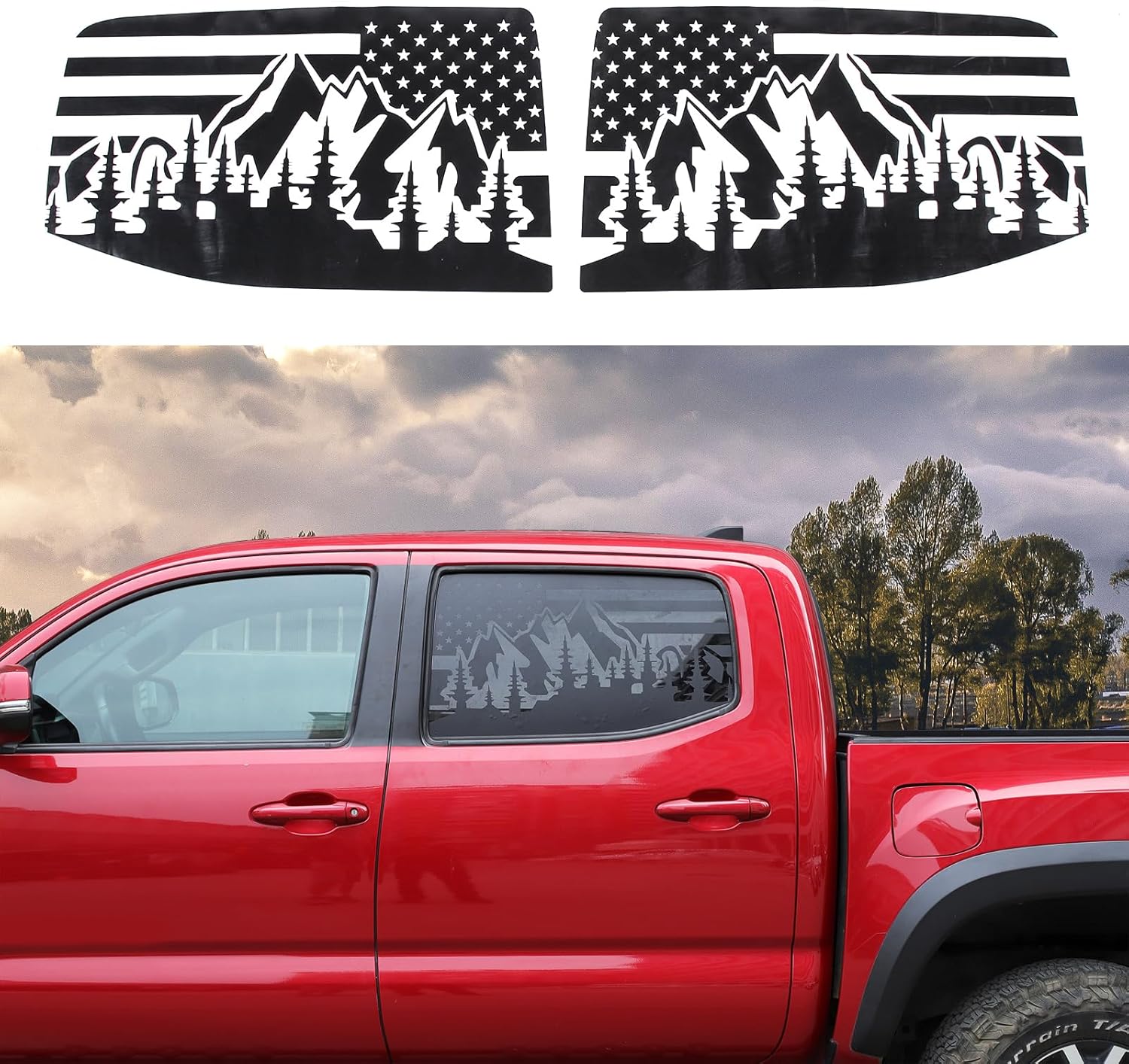 Car PVC Rear Side Window American Flag Decals,Compatible with Toyota Tacoma 2016-2023 NOT Suitable for ONE and A Half Row Model,Outside Rear Side Window Decoration Sticker (Black US Flage Mountain)