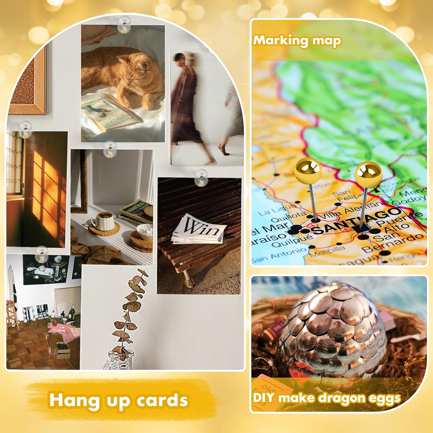 315Pcs 5 Style Gold Push Pins, Decorative Push Pins, Cute Pushpin Clip, Push Pin Hooks, Gold Metal Thumb Tacks Office Accessories for Cork Board Map Office