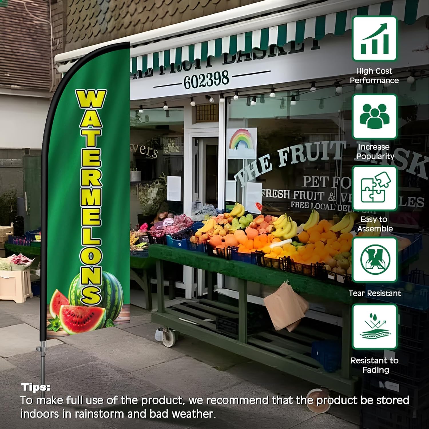 Watermelons Flag for Business, 8FT Watermelons Feather Flag Banner, Polyester Advertising Swooper Flag with Stainless Steel Flagpole Kit, Ground Spike, Portable Bag