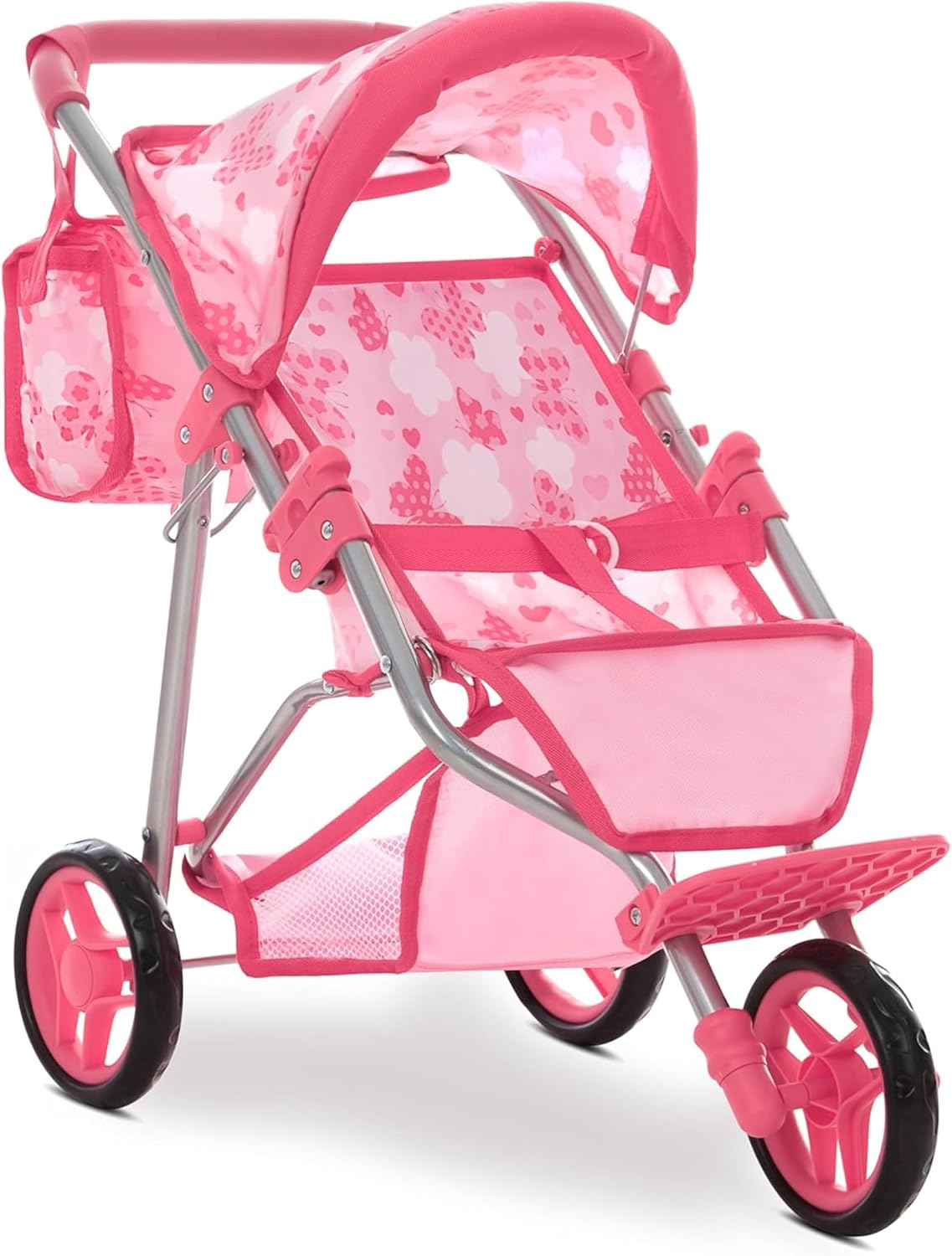 Dolls To Play Baby Doll Stroller Jogger Style 3 Wheels Toy Play, Girls with Canopy and Basket Buggy Carriage for Kids, My First Jogging Pram Heavy Duty - 21 Inch - Pink