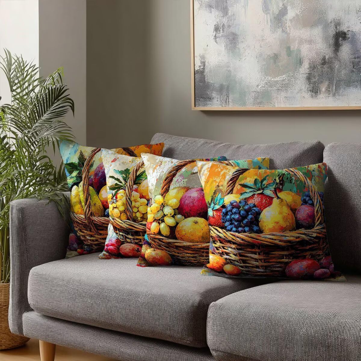 Federe Cuscini Divano 60x60 cm, Colorato Cuscini per Divano, Velluto Federe Cuscino Letto Impermeabili Set da 4, Copricuscini Frutta Motivo con Cerniera Invisibile Design per Sofá, Regalo Donna D-81