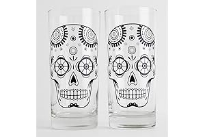 Sugar Skull Glass Set of 2: Halloween Skull Cocktail Glassware, 16 oz Drinking Barware