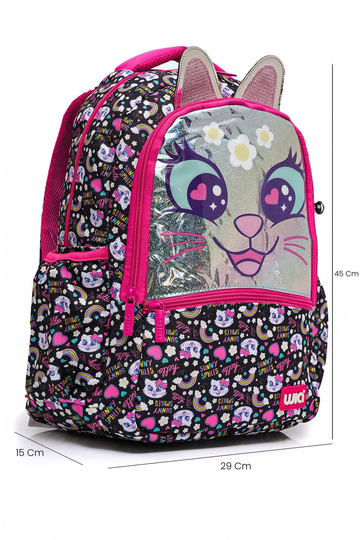 Wia Sweet Cat 3 Bölmeli Okul Çanta Seti, Tek Ebat, SWG-007, Siyah, kız-çocuk