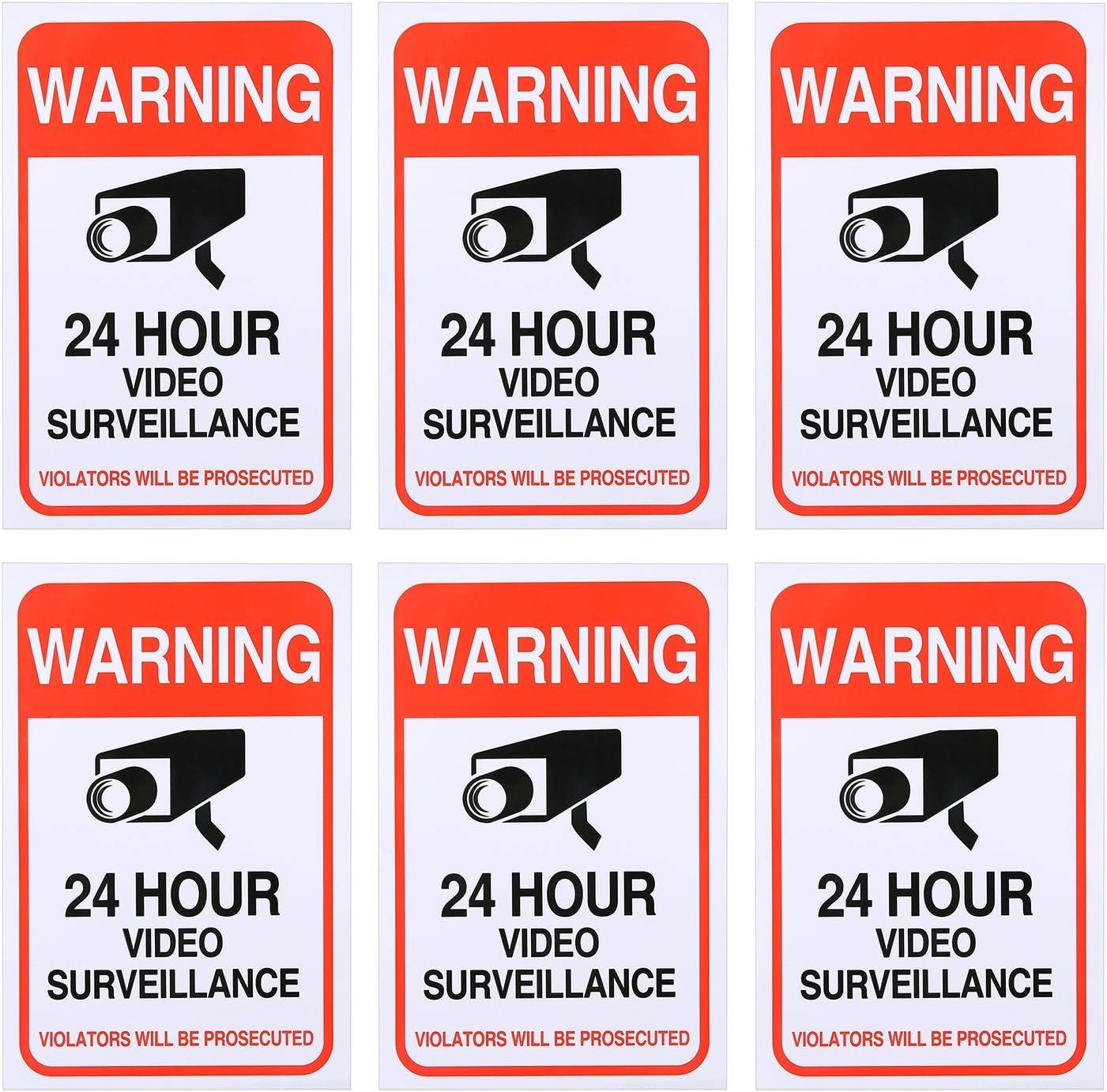 (6 Pack)24 Hour Video Surveillance Sticker 4x6in, CCTV Security Premium Self Adhesive Vinyl, Home Business Camera Alarm System Stickers, Indoor & Outdoor, UV Protected & Waterproof Use by Aboonlys