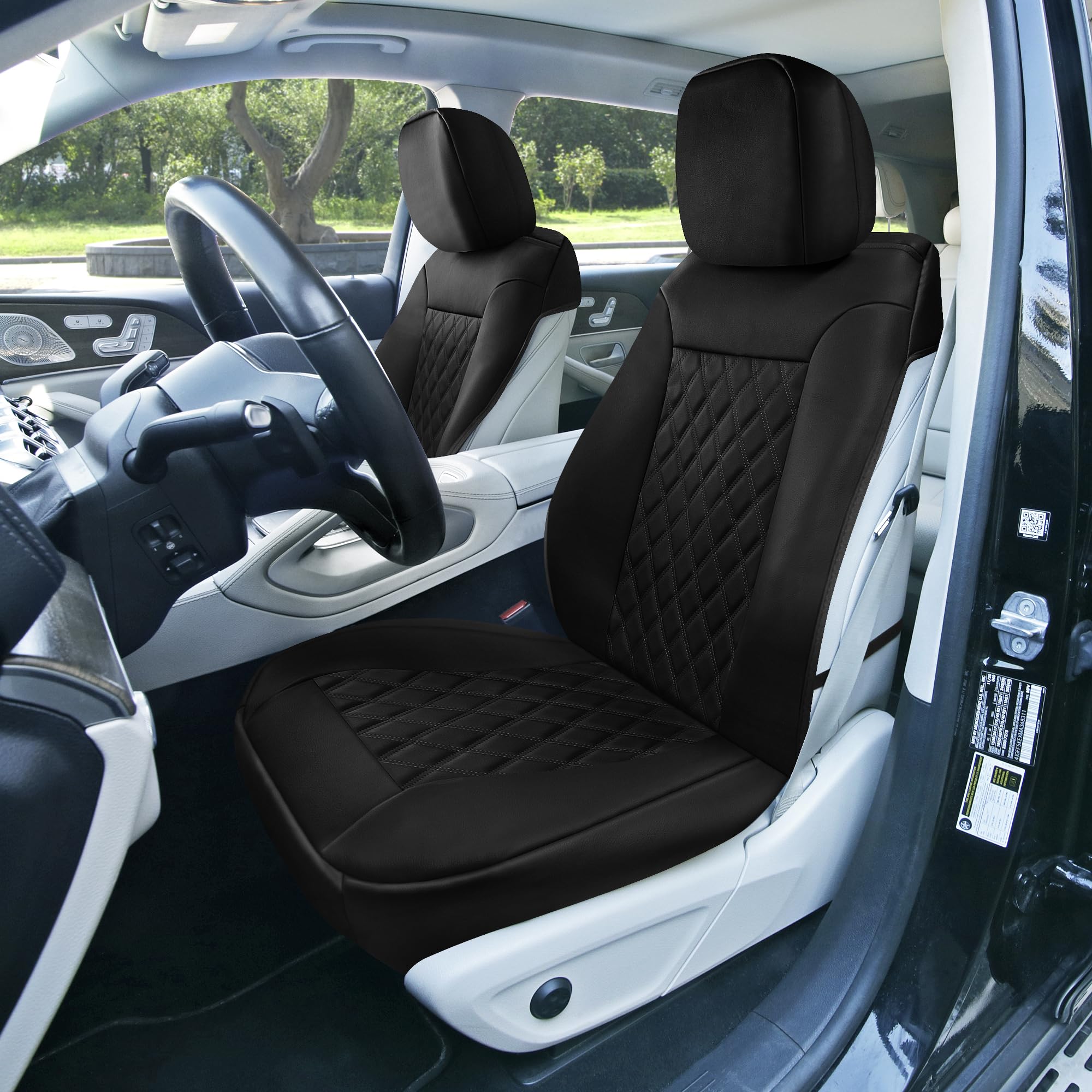 FH Group Juego de Cojines de Asiento de Coche de Piel sintética con patrón de Diamante (Negro sólido) con Regalo, Ajuste Universal para Coches, Camiones y SUV