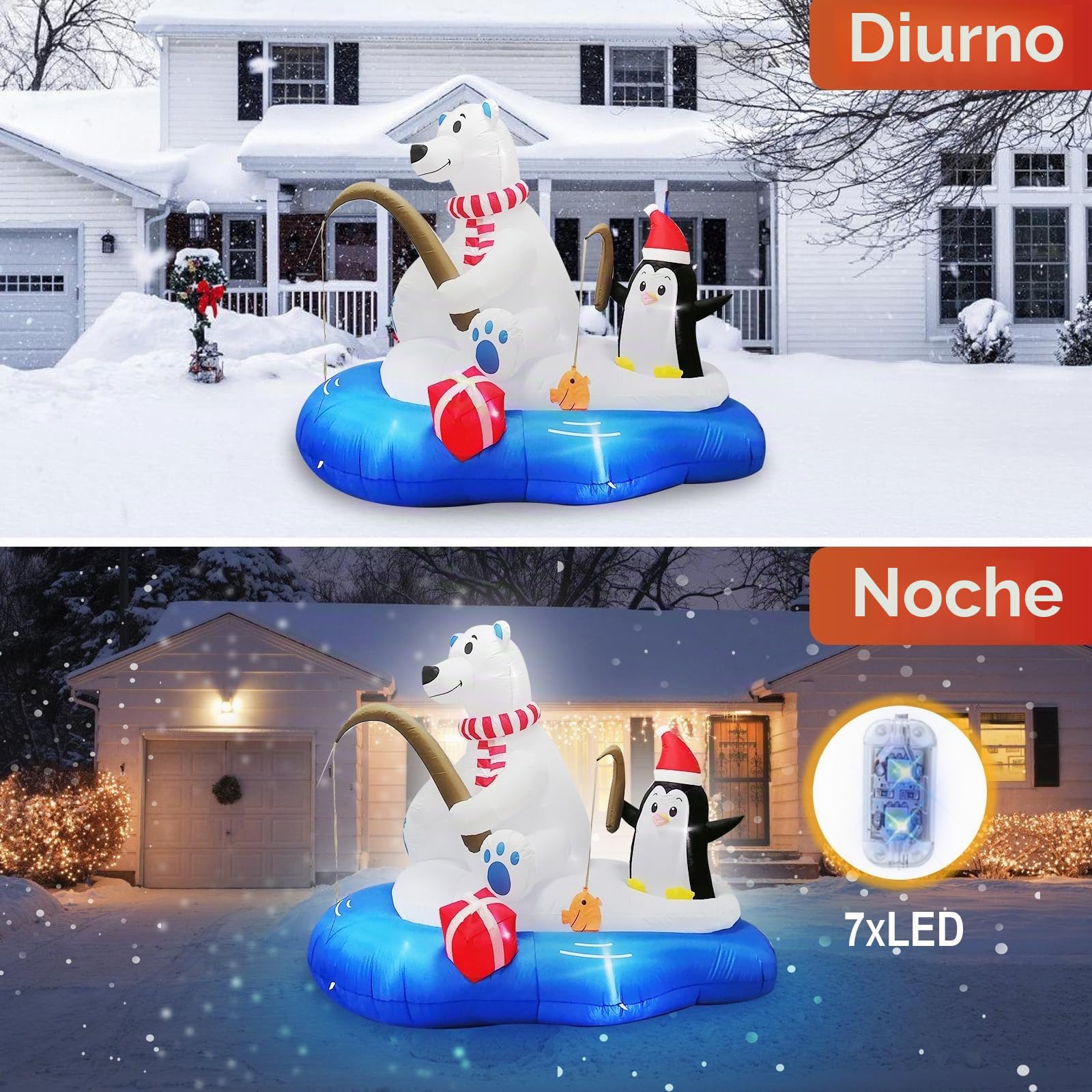 6FT (180CM) Inflables navideños de Oso Polar pescando con pingüino, inflables navideños de Oso Polar y pingüino para Decoraciones navideñas al Aire Libre en el Patio
