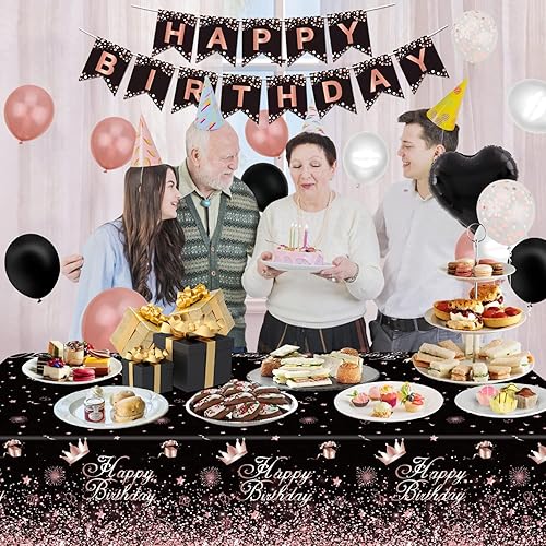Miniatura 4 de Mantel de plástico color oro rosa negro (paquete de 4), manteles de fiesta de 86 x 51 pulgadas para suministros de fiesta de cumpleaños con temática