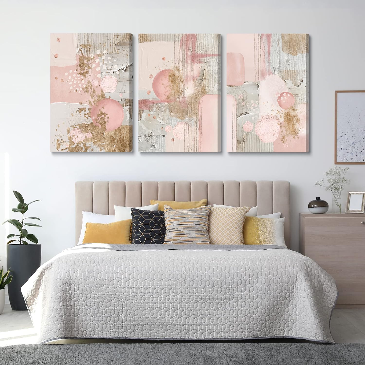 3Pcs Framed Pink and Gold Canvas Wall Art Abstract Posters Print Geometric Pictures Decor for Living Room Bedroom Bathroom Home Decoration