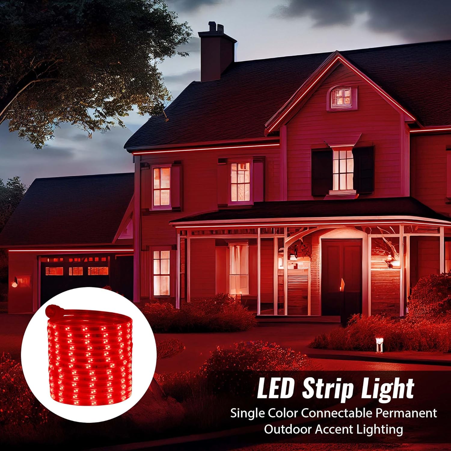 100ft 16-Mode Flat LED Strip Lights, 1860LEDs, SMD 2835, Waterproof Extendable Permanent Exterior Accent Lightsing, ETL Certified, Flexible Clear Tubing, Backyard Home Decor - Red