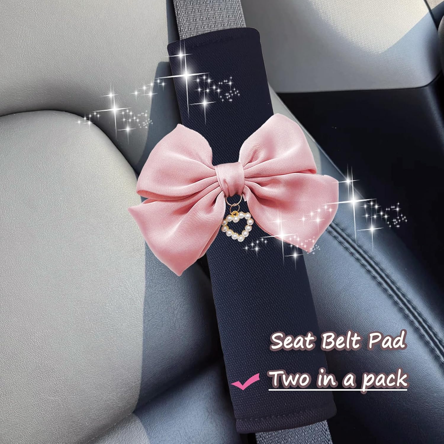 Fashion Big Bow Car Seat Belt Cover Shoulder Strap Pads (2 Pcs), Cute Car Accessories Seatbelt Covers Protector Universal (Pink Bow Black Cover)
