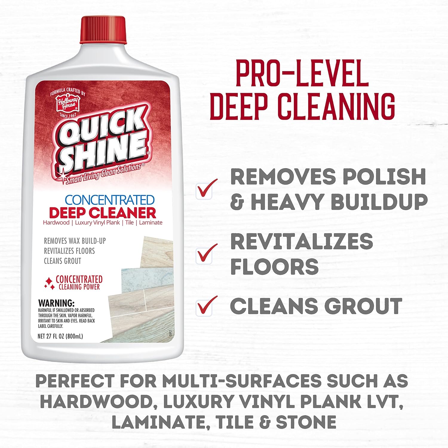 Quick Shine Multi Surface Deep Floor Cleaner and Wax Remover 27oz, 2Pk | Removes Wax Build-Up, Revitalizes Floors & Cleans Grout | Use on Hardwood, Laminate, LVT, Tile and Stone | Pro-Level Cleaning