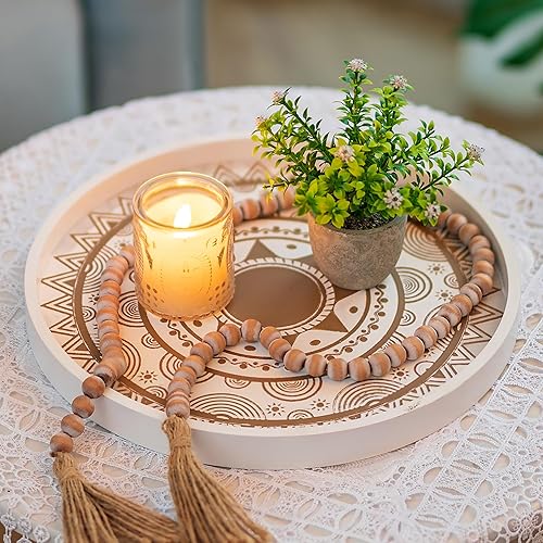 Hanobe Bandeja decorativa para mesa de centro redonda bohemia para decoración del hogar, bandejas de madera de granja blancas, centro de mesa