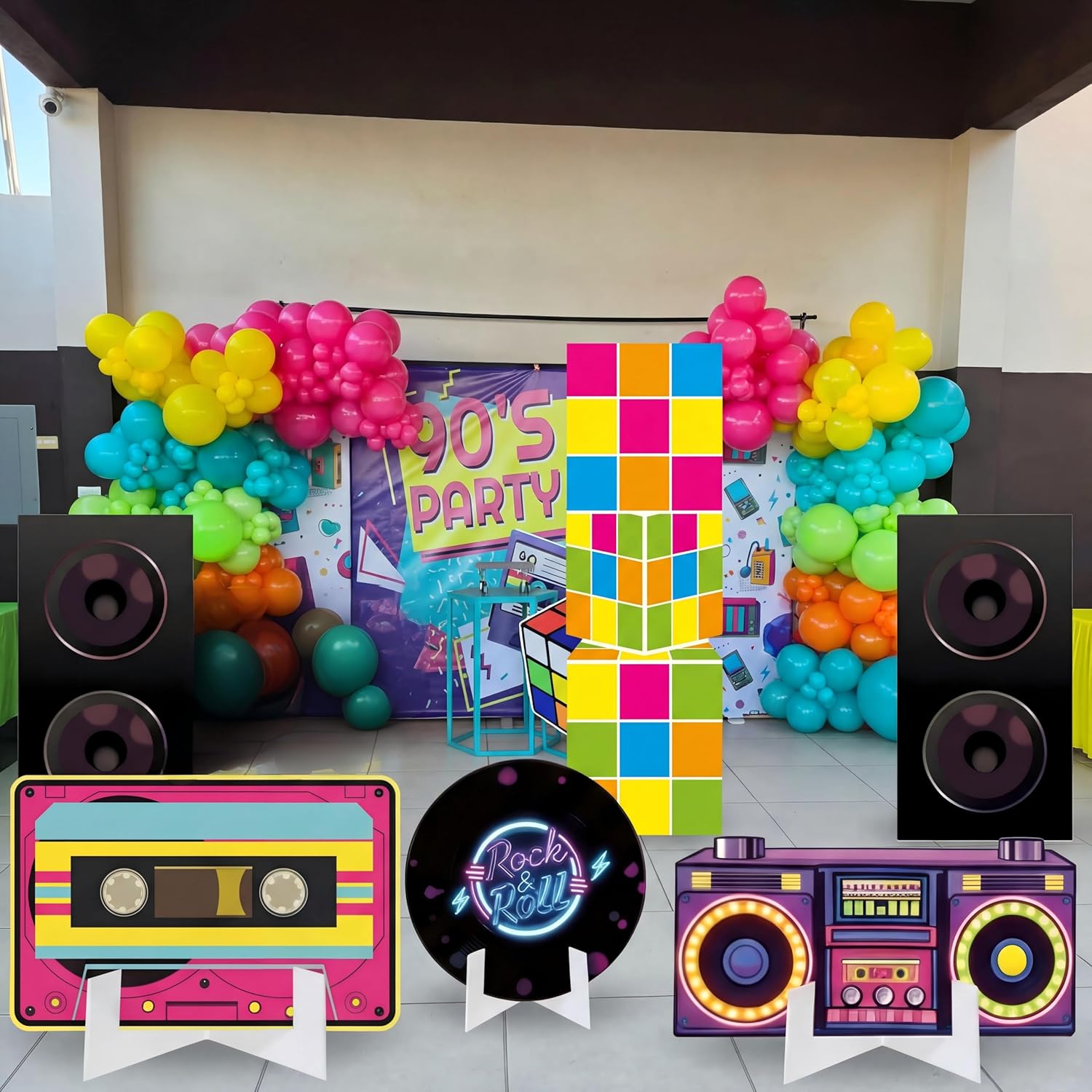 6 Pcs 80s 90s Large Stand Party Decorations Set with Sturdy Bases Big Yard Sign for Themed Party Baby Shower, Photo Booth Props Indoor Outdoor
