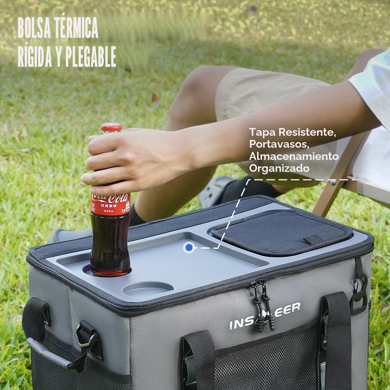 INSMEER Bolsa Nevera Grande 40L/60 Latas, Bolsa Nevera Plegable con Carcasa Rígida de PP Extraíble, Bolsa Térmica con Abridor/2 Portavasos en la Parte Superior Rígida, para Picnic, Camping, Playa
