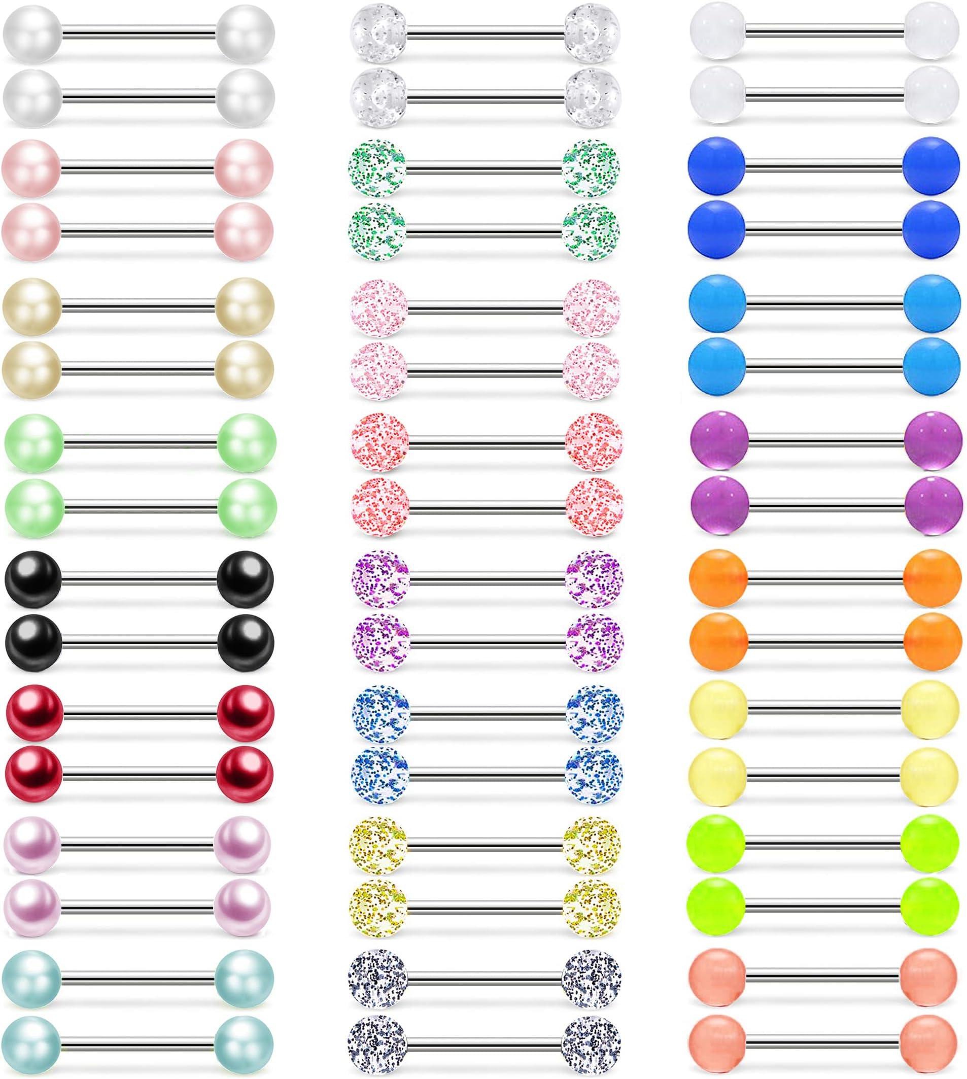 48Pcs 14G Stainless Steel Rings Tongue Rings Straight Barbell Bars Piercing for Women Men 16mm
