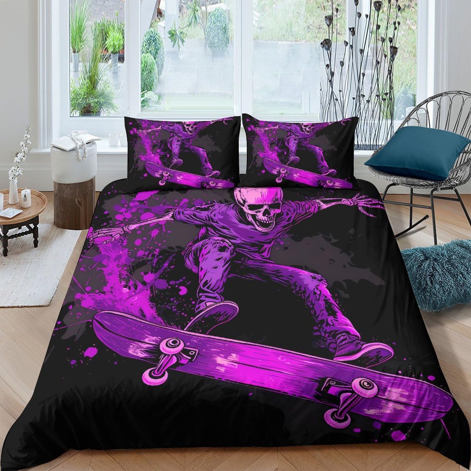 Ctjqhvkz Style-1 3D Printed Purple Skater Fitted Sheet Microfiber Soft Urban Graffiti Skull Bed Cover For Bedroom Dorm Mattress Decor Single（135X200cm）