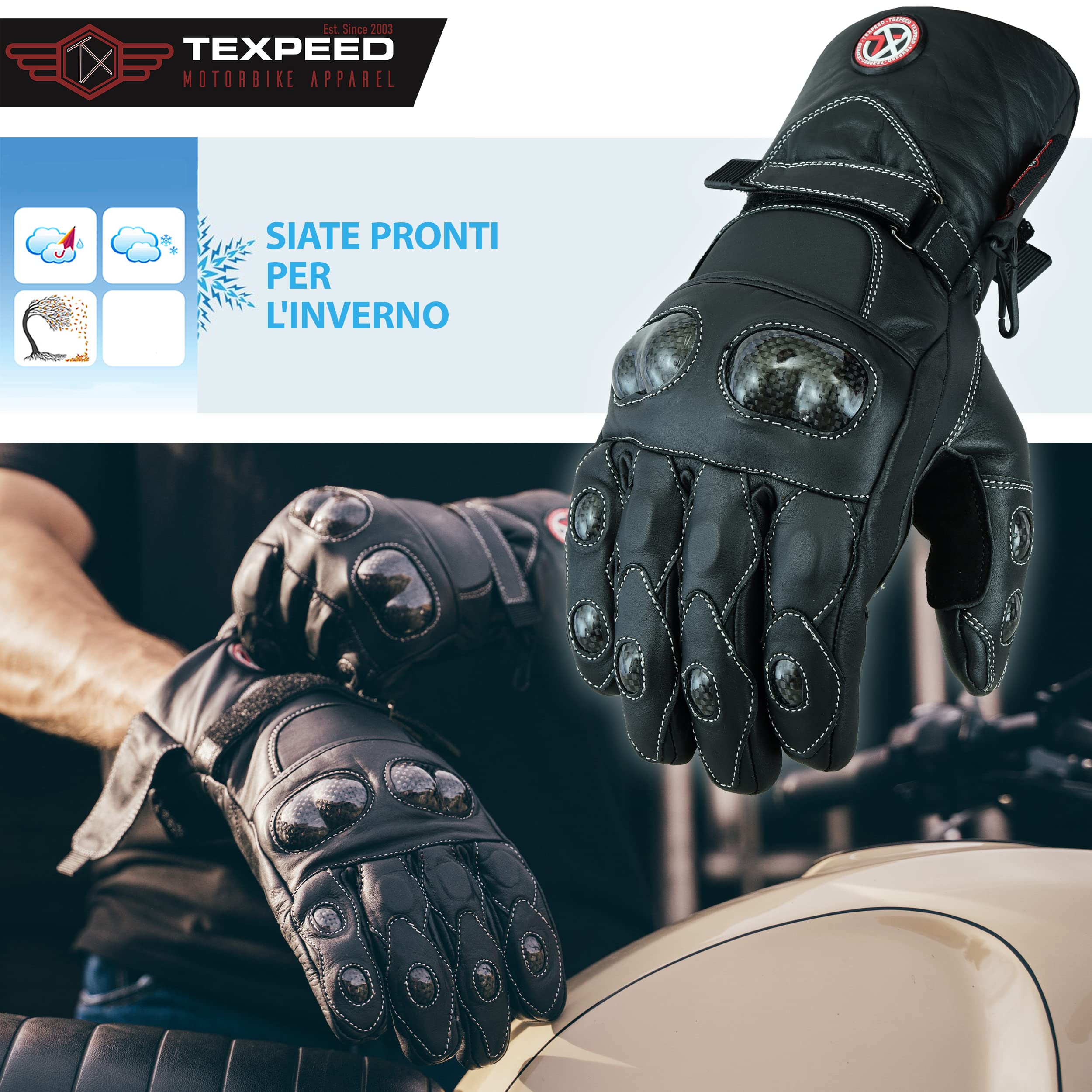 Texpeed Guanti Vera Pelle Moto Uomo - Guanti Da Ciclomotore Impermeabili Con Armatura CE - Inverno o estate - Nero - Polsino lungo - S