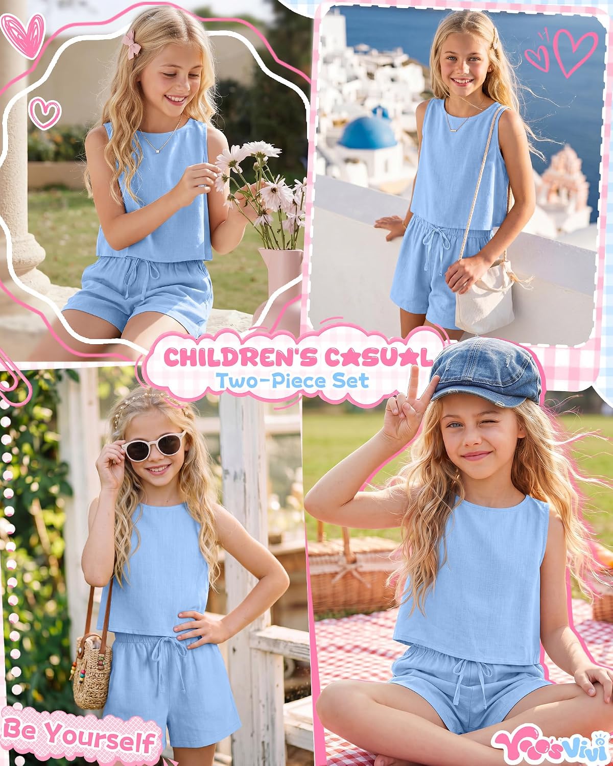 Yooo's Vivi Girls 2 Piece Summer Outfits Kids Sleeveless Tank Tops and Shorts with Pockets Teen Cute Casual Clothing Sets